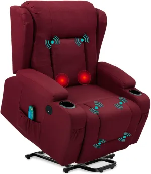 Best Choice Products Modern Linen Electric Power Lift Chair, Recliner Massage Chair, Adjustable Furniture for Back, Legs w/ 3 Positions, USB Port, Heat, Cupholders, Easy-to-Reach Button - Burgundy