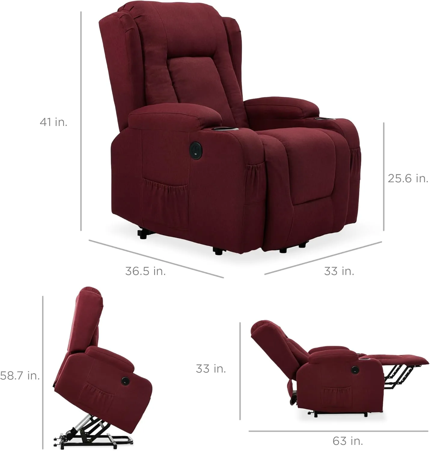 Best Choice Products Modern Linen Electric Power Lift Chair, Recliner Massage Chair, Adjustable Furniture for Back, Legs w/ 3 Positions, USB Port, Heat, Cupholders, Easy-to-Reach Button - Burgundy