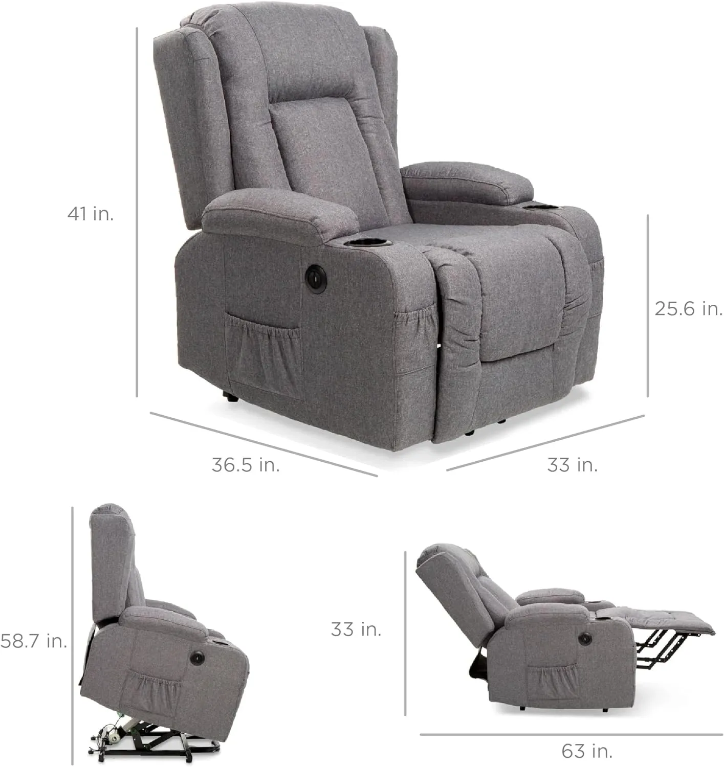 Best Choice Products Modern Linen Electric Power Lift Chair, Recliner Massage Chair, Adjustable Furniture for Back, Legs w/ 3 Positions, USB Port, Heat, Cupholders, Easy-to-Reach Button - Gray