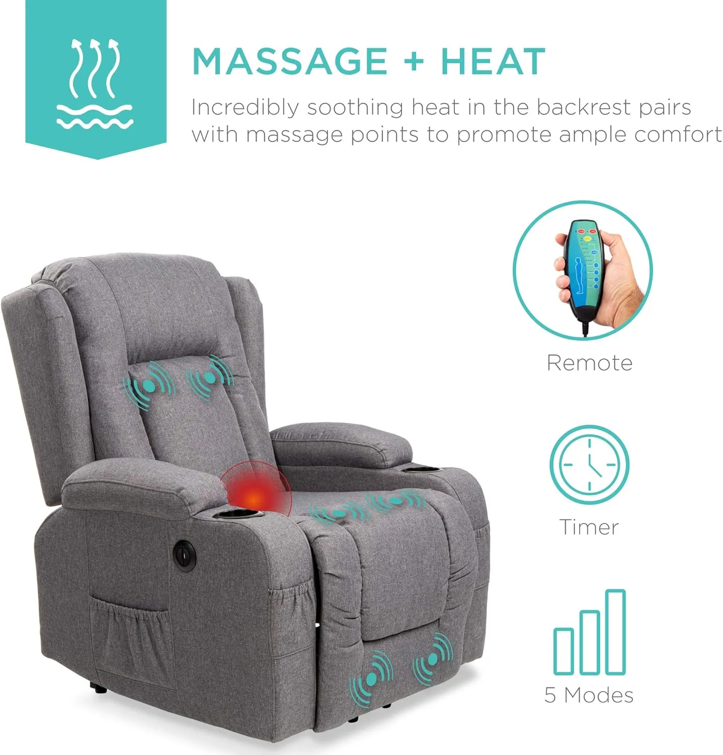 Best Choice Products Modern Linen Electric Power Lift Chair, Recliner Massage Chair, Adjustable Furniture for Back, Legs w/ 3 Positions, USB Port, Heat, Cupholders, Easy-to-Reach Button - Gray