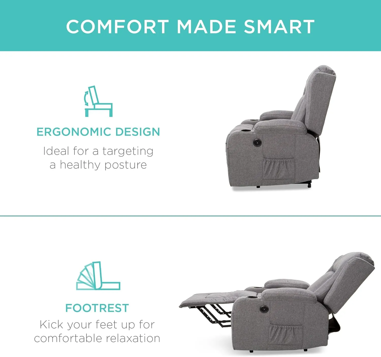 Best Choice Products Modern Linen Electric Power Lift Chair, Recliner Massage Chair, Adjustable Furniture for Back, Legs w/ 3 Positions, USB Port, Heat, Cupholders, Easy-to-Reach Button - Gray
