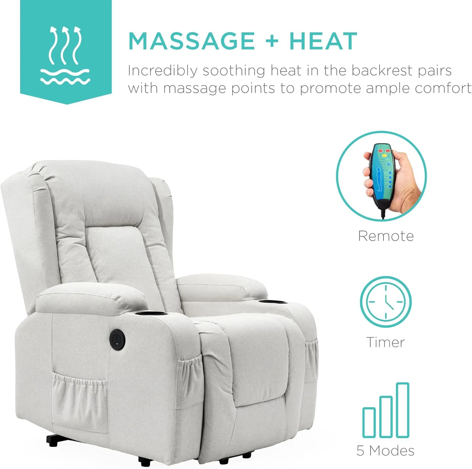 Best Choice Products Modern Linen Electric Power Lift Chair, Recliner Massage Chair, Adjustable Furniture for Back, Legs w/ 3 Positions, USB Port, Heat, Cupholders, Easy-to-Reach Button - Ivory