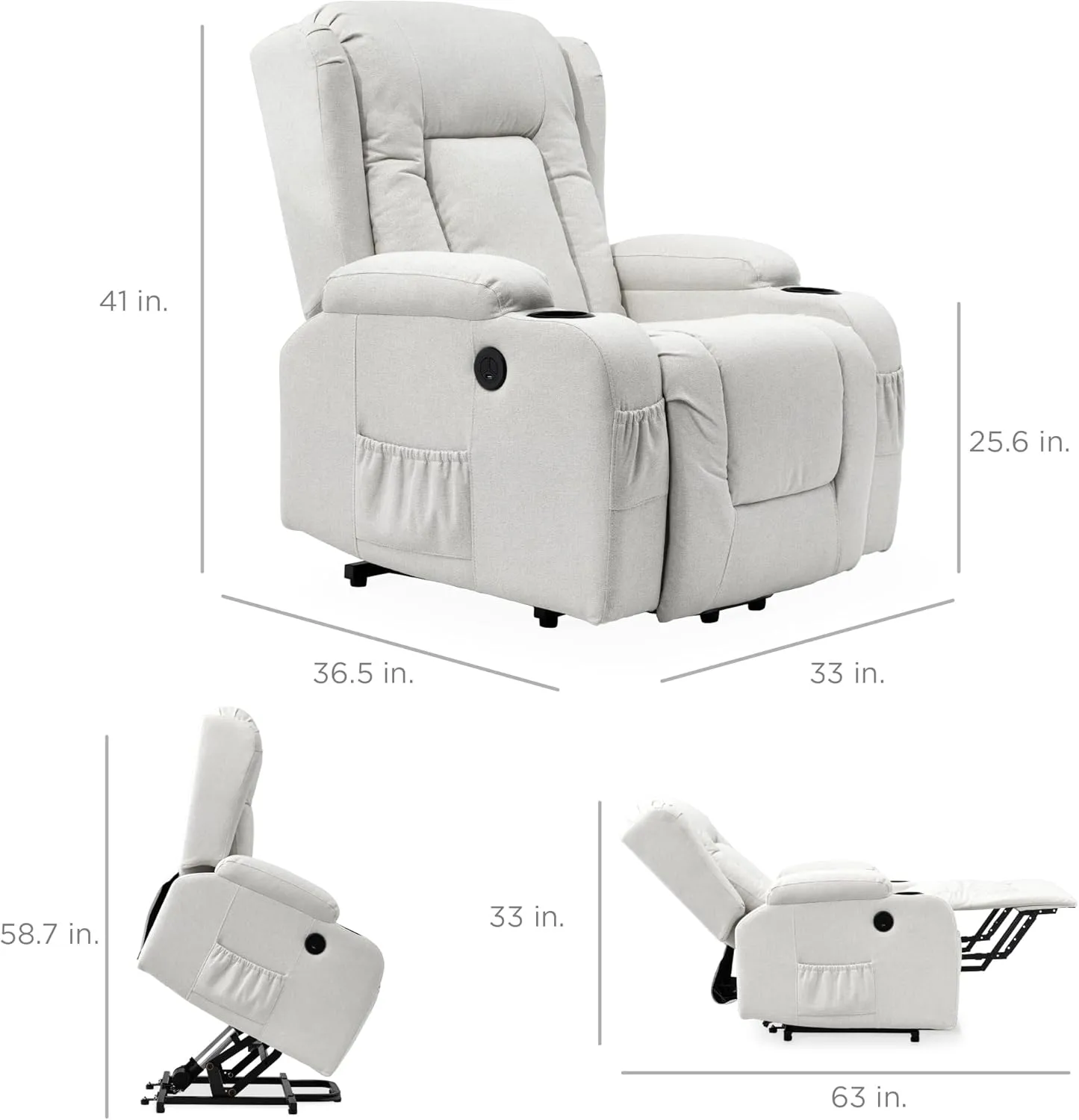 Best Choice Products Modern Linen Electric Power Lift Chair, Recliner Massage Chair, Adjustable Furniture for Back, Legs w/ 3 Positions, USB Port, Heat, Cupholders, Easy-to-Reach Button - Ivory