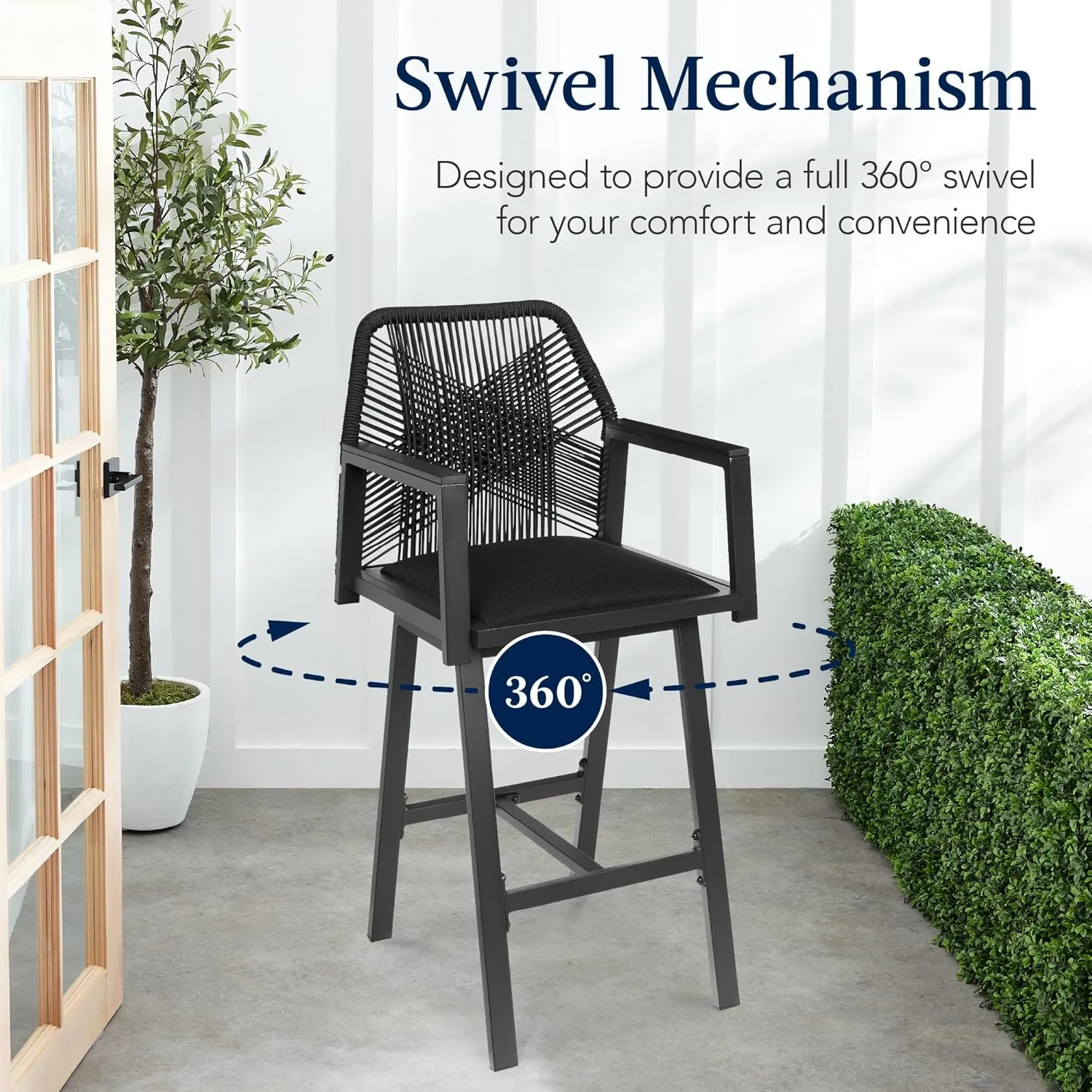 Best Choice Products Outdoor Bar Stools Set of 2, Bar Height, 360° Swivel Aluminum Frame, All-Weather Woven Rope Chair Design w/Armrests - Black/Obsidian