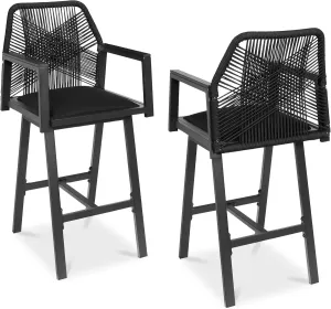 Best Choice Products Outdoor Bar Stools Set of 2, Bar Height, 360° Swivel Aluminum Frame, All-Weather Woven Rope Chair Design w/Armrests - Black/Obsidian