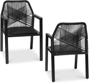 Best Choice Products Outdoor Dining Arm Chair Set of 2, Aluminum Frame with Armrest, All-Weather Woven Rope Chair Design - Black/Obsidian