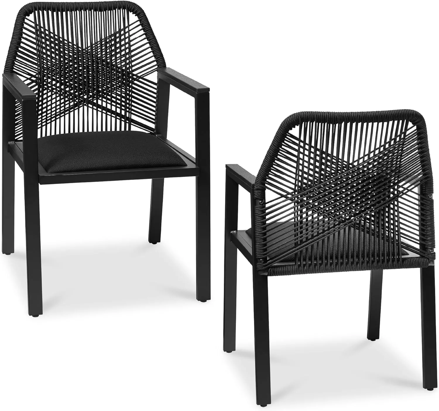 Best Choice Products Outdoor Dining Arm Chair Set of 2, Aluminum Frame with Armrest, All-Weather Woven Rope Chair Design - Black/Obsidian