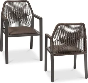 Best Choice Products Outdoor Dining Arm Chair Set of 2, Aluminum Frame with Armrest, All-Weather Woven Rope Chair Design - Brown/Mocha