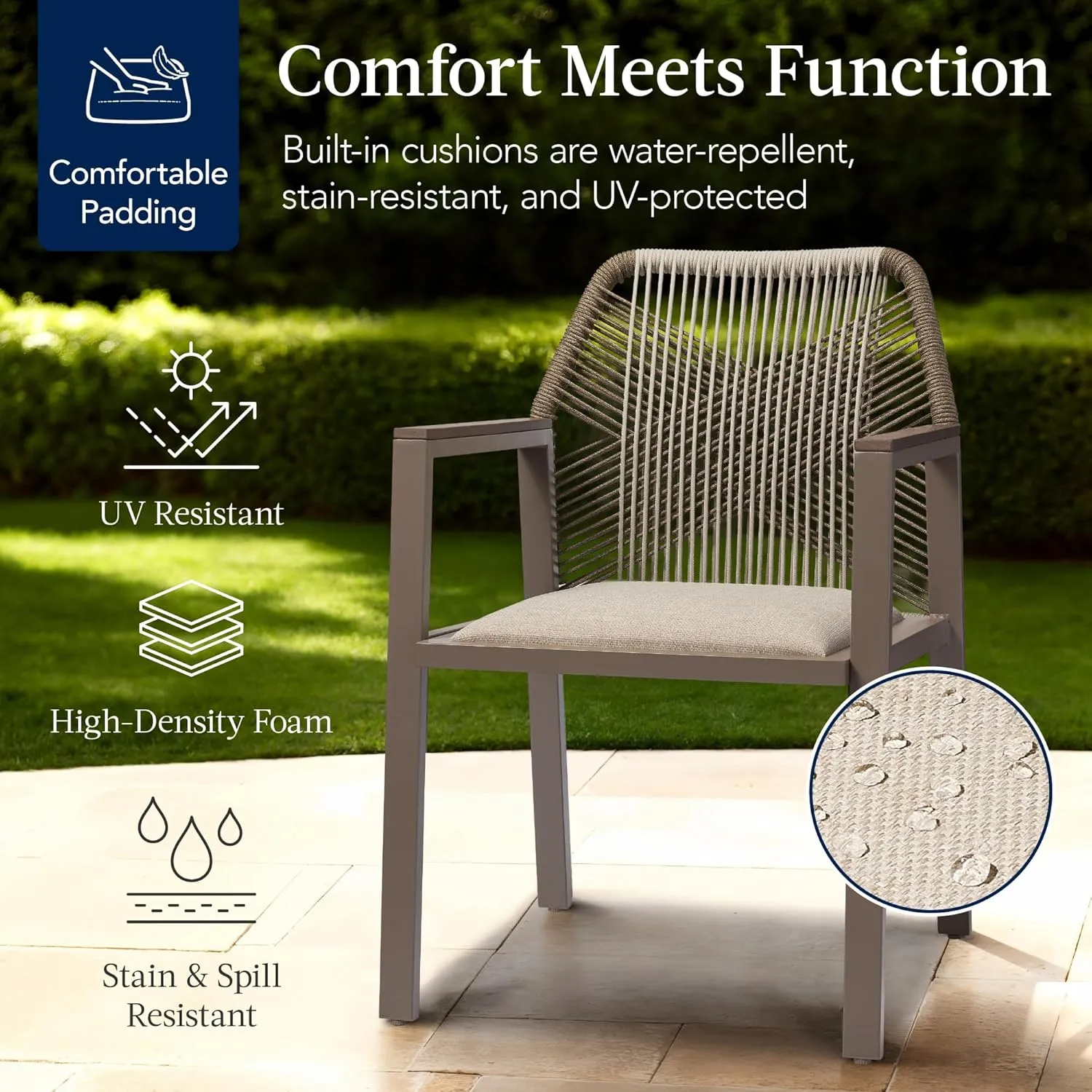 Best Choice Products Outdoor Dining Arm Chair Set of 2, Aluminum Frame with Armrest, All-Weather Woven Rope Chair Design -Taupe/Sandstorm