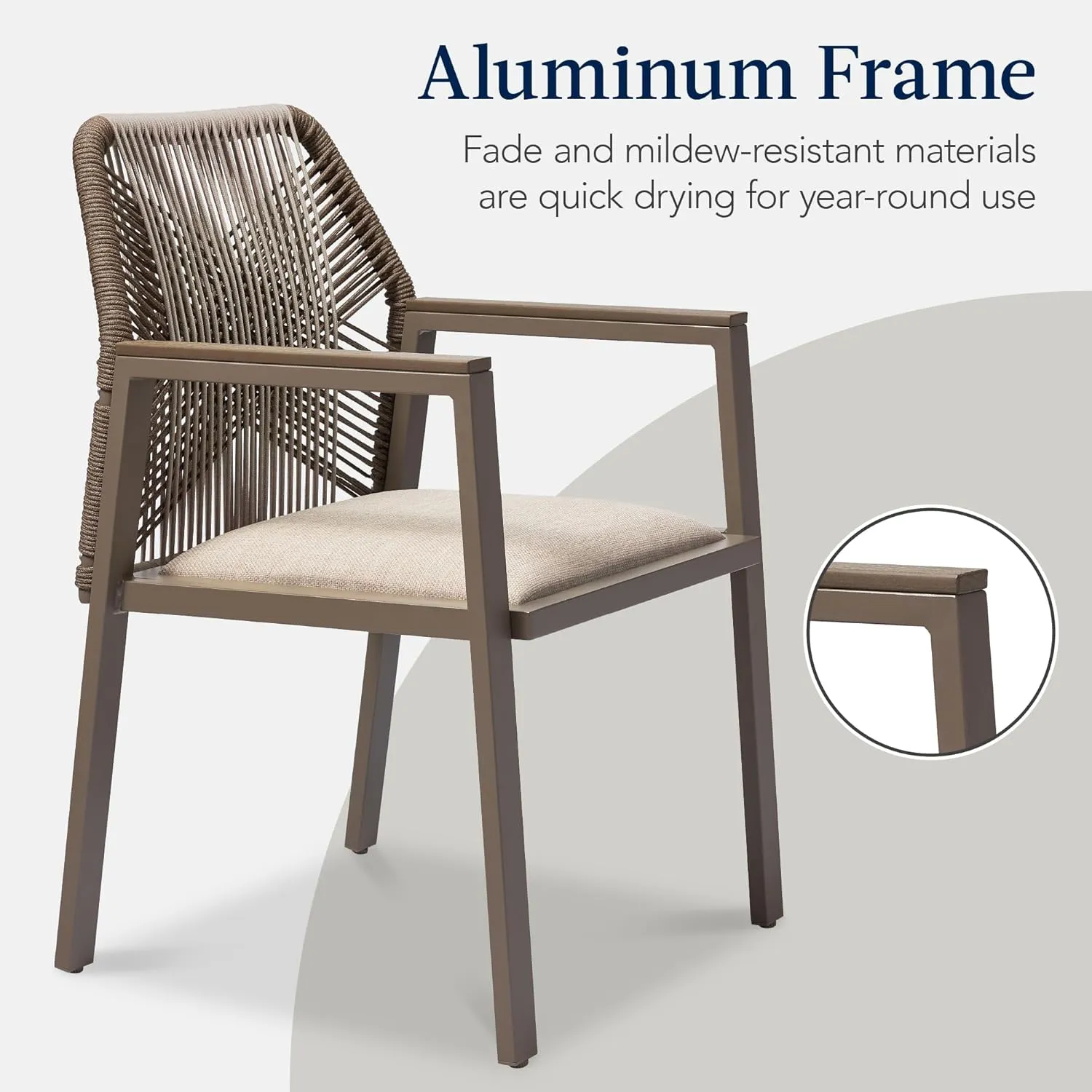 Best Choice Products Outdoor Dining Arm Chair Set of 2, Aluminum Frame with Armrest, All-Weather Woven Rope Chair Design -Taupe/Sandstorm