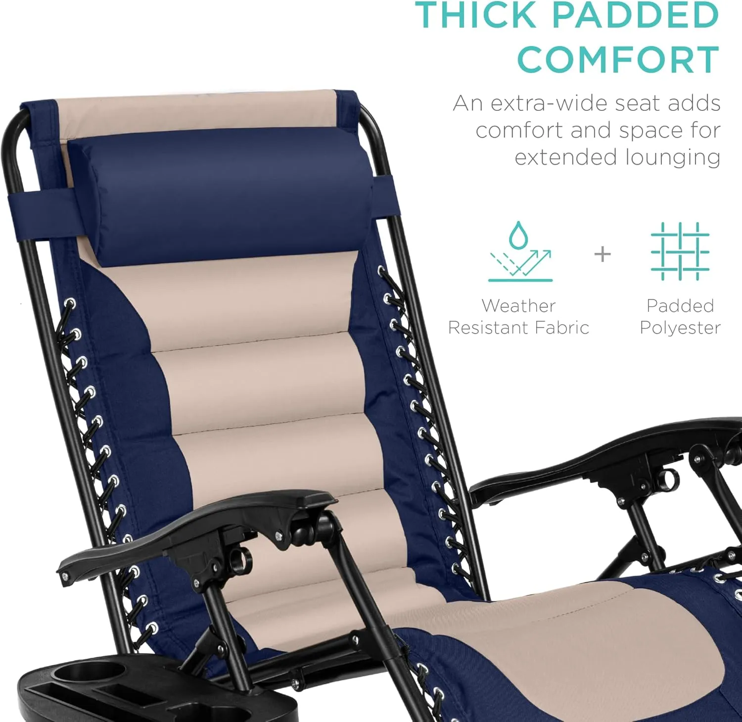Best Choice Products Oversized Padded Zero Gravity Chair, Folding Outdoor Patio Recliner, XL Anti Gravity Lounger for Backyard w/Headrest, Cup Holder, Side Tray, Polyester Mesh - Navy/Oyster