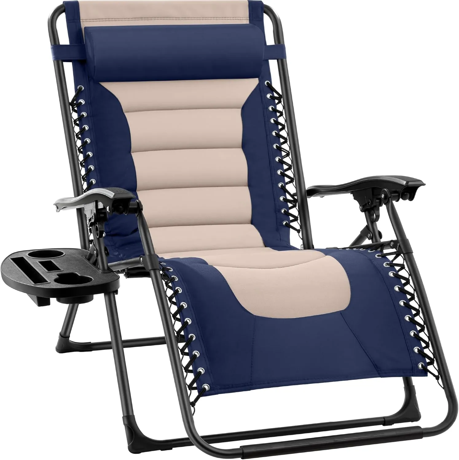 Best Choice Products Oversized Padded Zero Gravity Chair, Folding Outdoor Patio Recliner, XL Anti Gravity Lounger for Backyard w/Headrest, Cup Holder, Side Tray, Polyester Mesh - Navy/Oyster