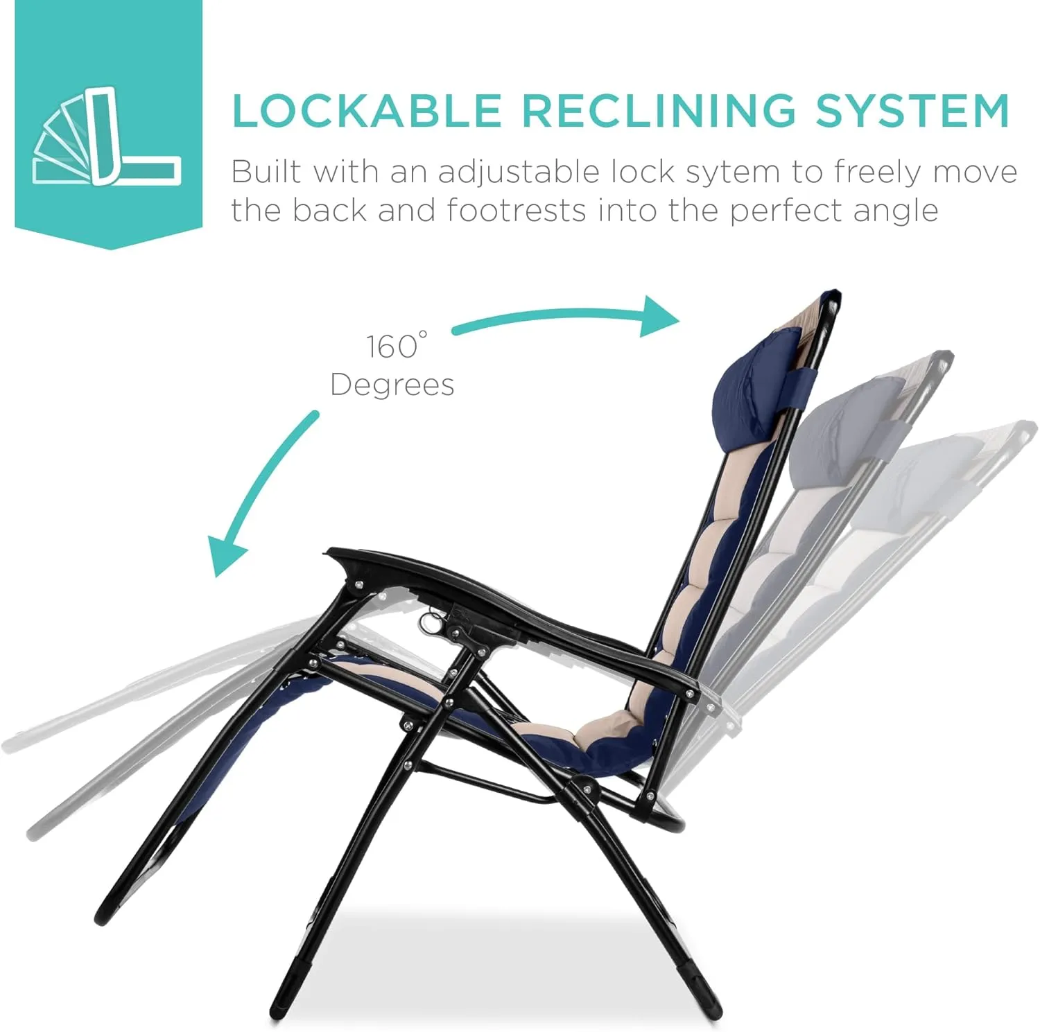 Best Choice Products Oversized Padded Zero Gravity Chair, Folding Outdoor Patio Recliner, XL Anti Gravity Lounger for Backyard w/Headrest, Cup Holder, Side Tray, Polyester Mesh - Navy/Oyster