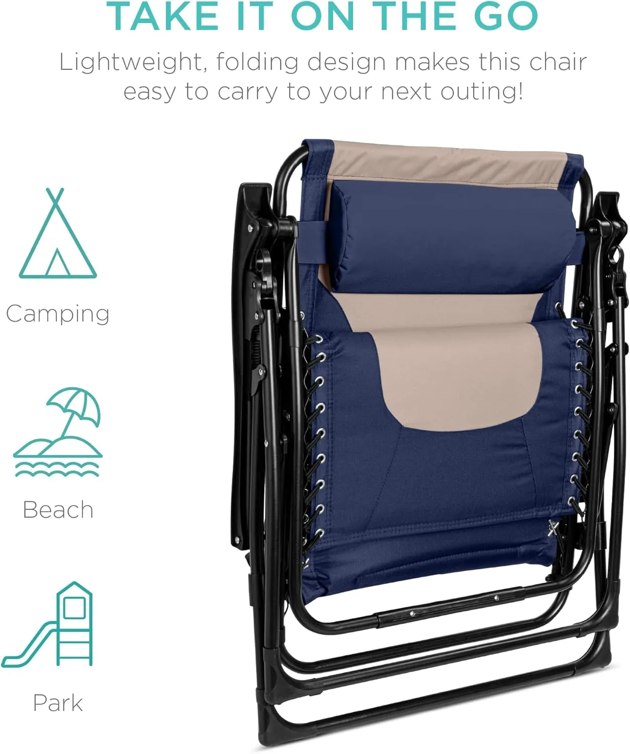 Best Choice Products Oversized Padded Zero Gravity Chair, Folding Outdoor Patio Recliner, XL Anti Gravity Lounger for Backyard w/Headrest, Cup Holder, Side Tray, Polyester Mesh - Navy/Oyster