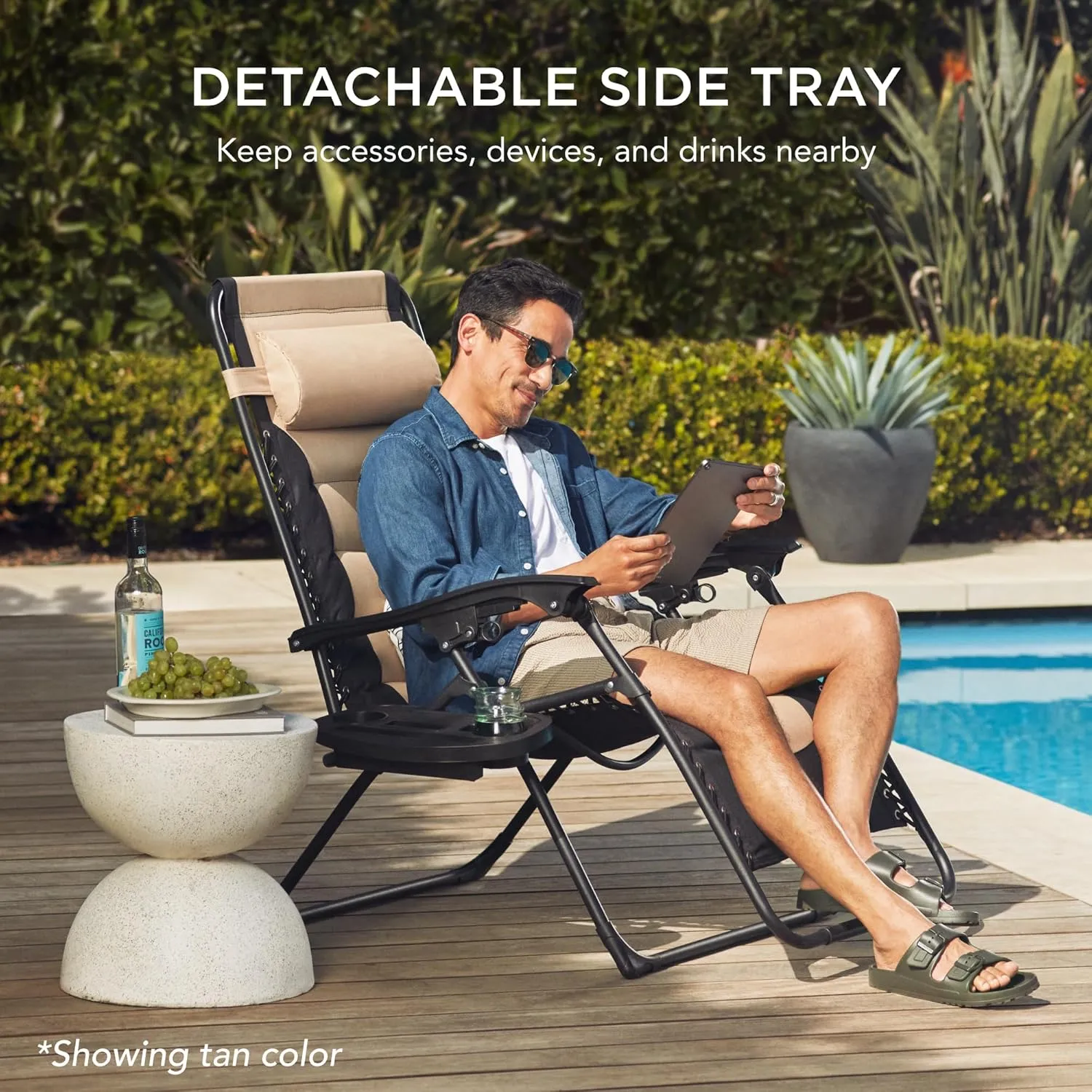 Best Choice Products Oversized Padded Zero Gravity Chair, Folding Outdoor Patio Recliner, XL Anti Gravity Lounger for Backyard w/Headrest, Cup Holder, Side Tray, Polyester Mesh - Navy/Oyster