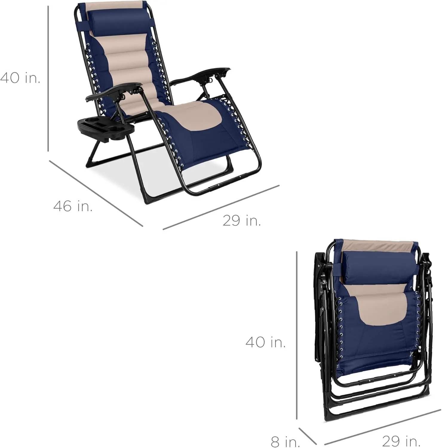 Best Choice Products Oversized Padded Zero Gravity Chair, Folding Outdoor Patio Recliner, XL Anti Gravity Lounger for Backyard w/Headrest, Cup Holder, Side Tray, Polyester Mesh - Navy/Oyster