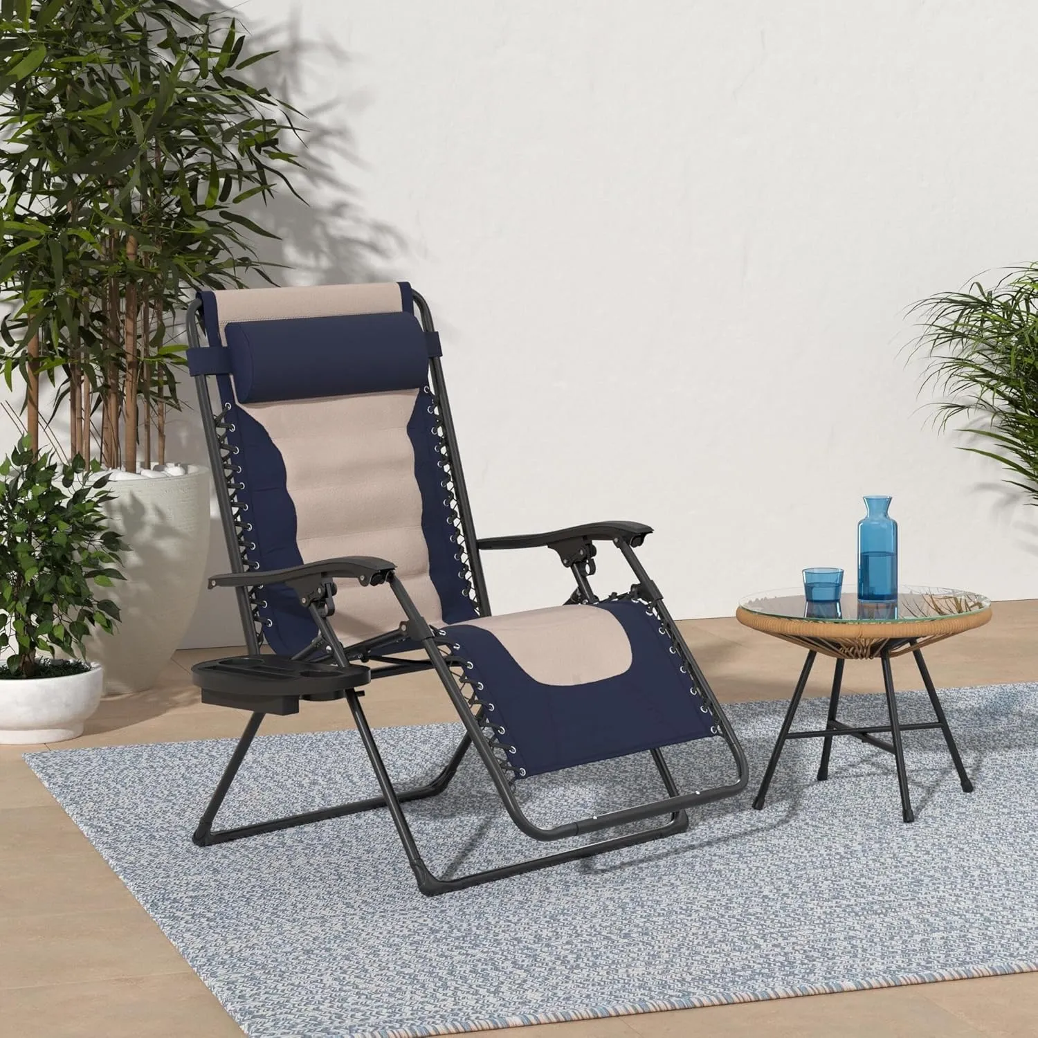 Best Choice Products Oversized Padded Zero Gravity Chair, Folding Outdoor Patio Recliner, XL Anti Gravity Lounger for Backyard w/Headrest, Cup Holder, Side Tray, Polyester Mesh - Navy/Oyster