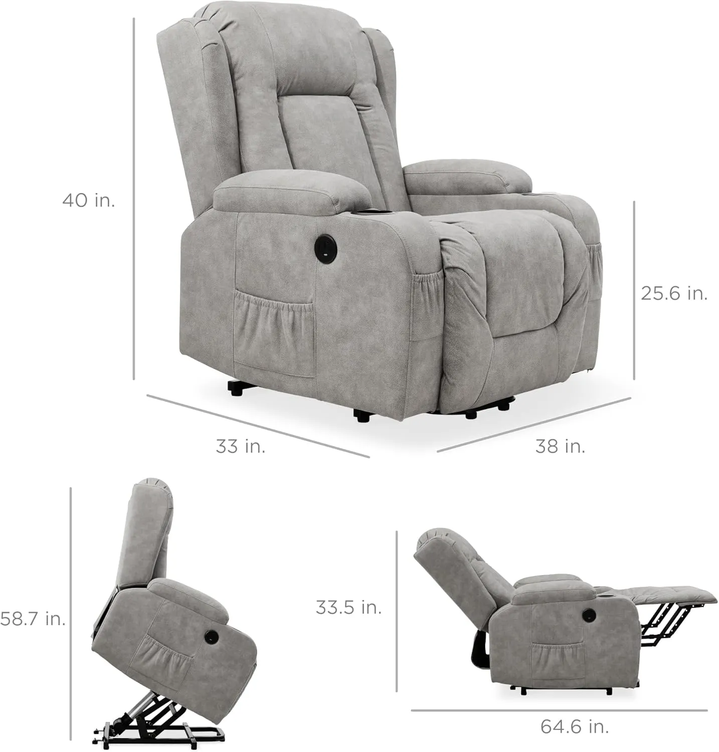 Best Choice Products PU Leather Electric Power Lift Chair, Recliner Massage Chair, Adjustable Furniture for Back, Legs w/ 3 Positions, USB Port, Heat, Cupholders, Easy-to-Reach Side Button - Gray