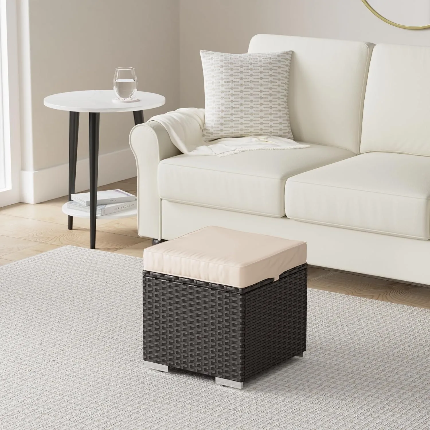 Best Choice Products Set of 2 Wicker Ottomans, Multipurpose Outdoor Furniture for Patio, Backyard, Additional Seating, Footrest, Side Table w/Storage, Removable Cushions - Brown/Beige