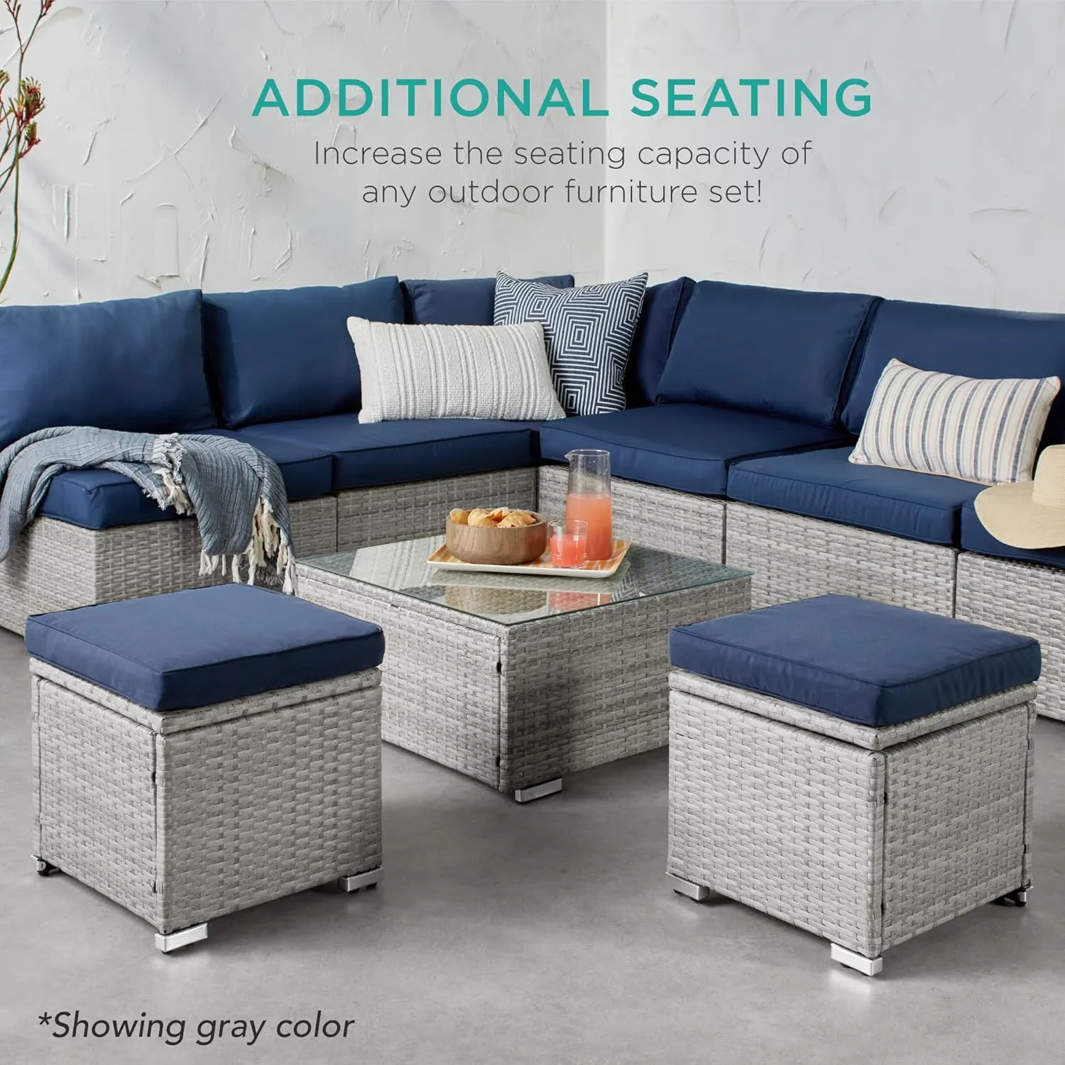 Best Choice Products Set of 2 Wicker Ottomans, Multipurpose Outdoor Furniture for Patio, Backyard, Additional Seating, Footrest, Side Table w/Storage, Removable Cushions - Cream/Gray