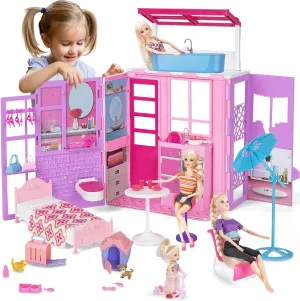 BETTINA Doll House for 11.5-inch Dolls, 2-Story Foldable Dollhouse with 37 pcs Furnitures & Accessories, Playhouse with Pet House, Gifts for Girls Kids Toddlers