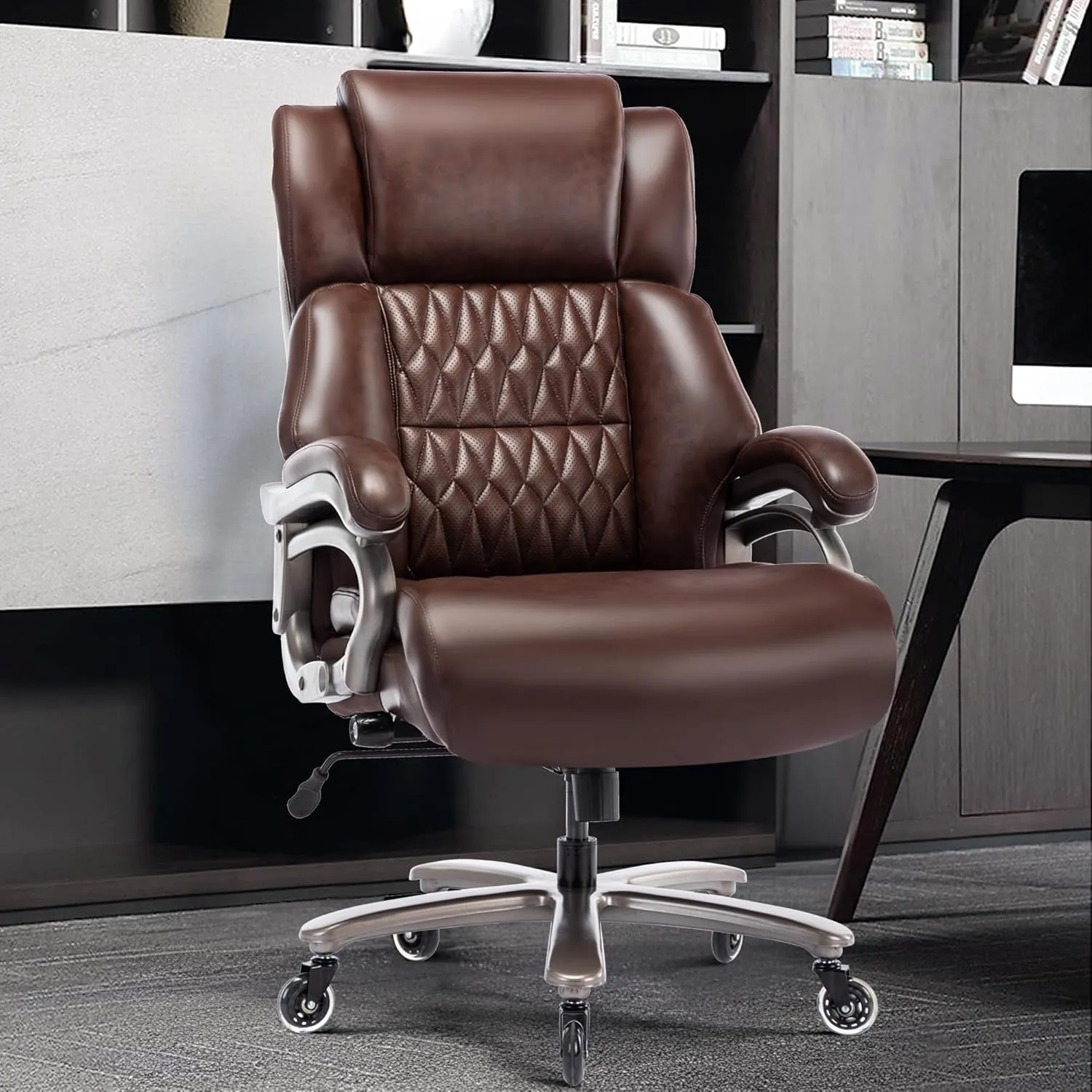 Big and Tall 400lbs Office Chair - Adjustable Lumbar Support Quiet Rubber Wheels Heavy Duty Metal Base, High Back Large Executive Computer Desk, Thick Padded Ergonomic Design for Back Pain