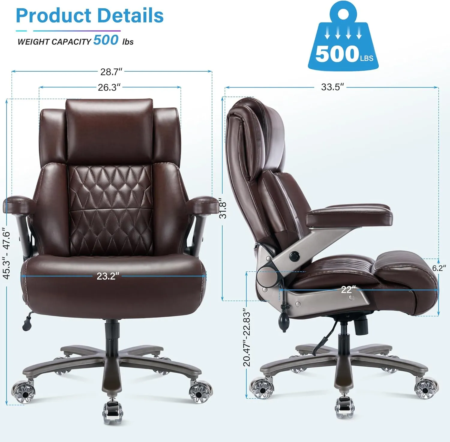 Big and Tall 500lbs Office Chair - Adjustable Lumbar Support 3D Flip Arms Heavy Duty Metal Base&Wheels, High Back Large Executive Computer Desk Chair, Thick Padded Ergonomic Design for Back Pain