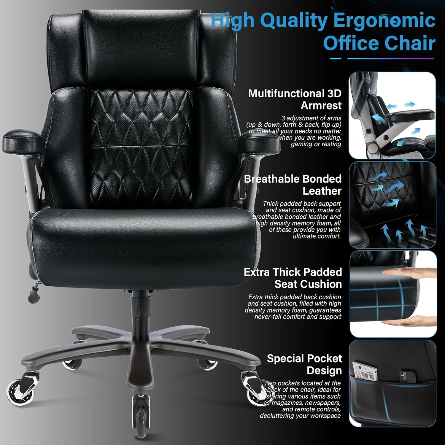 Big and Tall 500lbs Office Chair - Adjustable Lumbar Support 3D Flip Arms Heavy Duty Metal Base&Wheels, High Back Large Executive Computer Desk Chair, Thick Padded Ergonomic Design for Back Pain