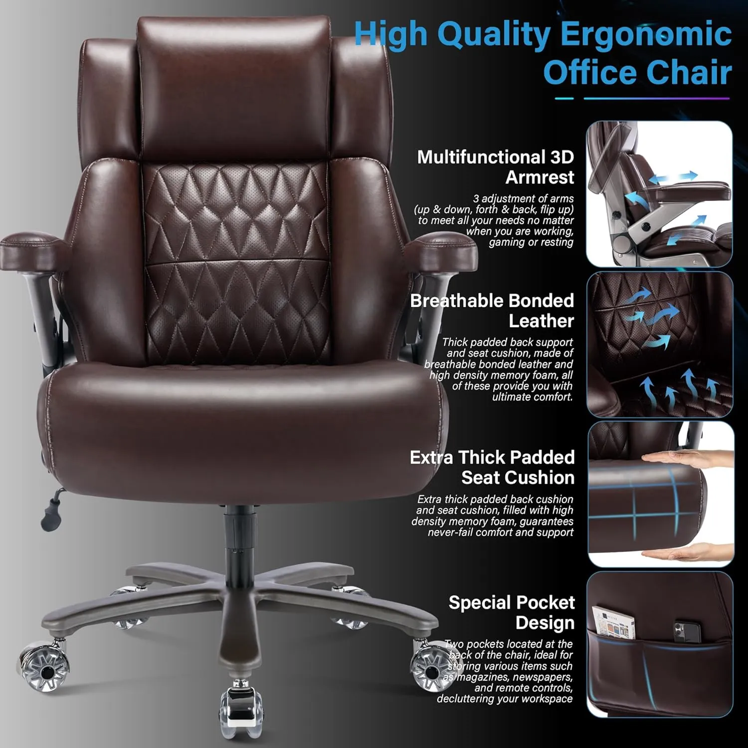 Big and Tall 500lbs Office Chair - Adjustable Lumbar Support 3D Flip Arms Heavy Duty Metal Base&Wheels, High Back Large Executive Computer Desk Chair, Thick Padded Ergonomic Design for Back Pain