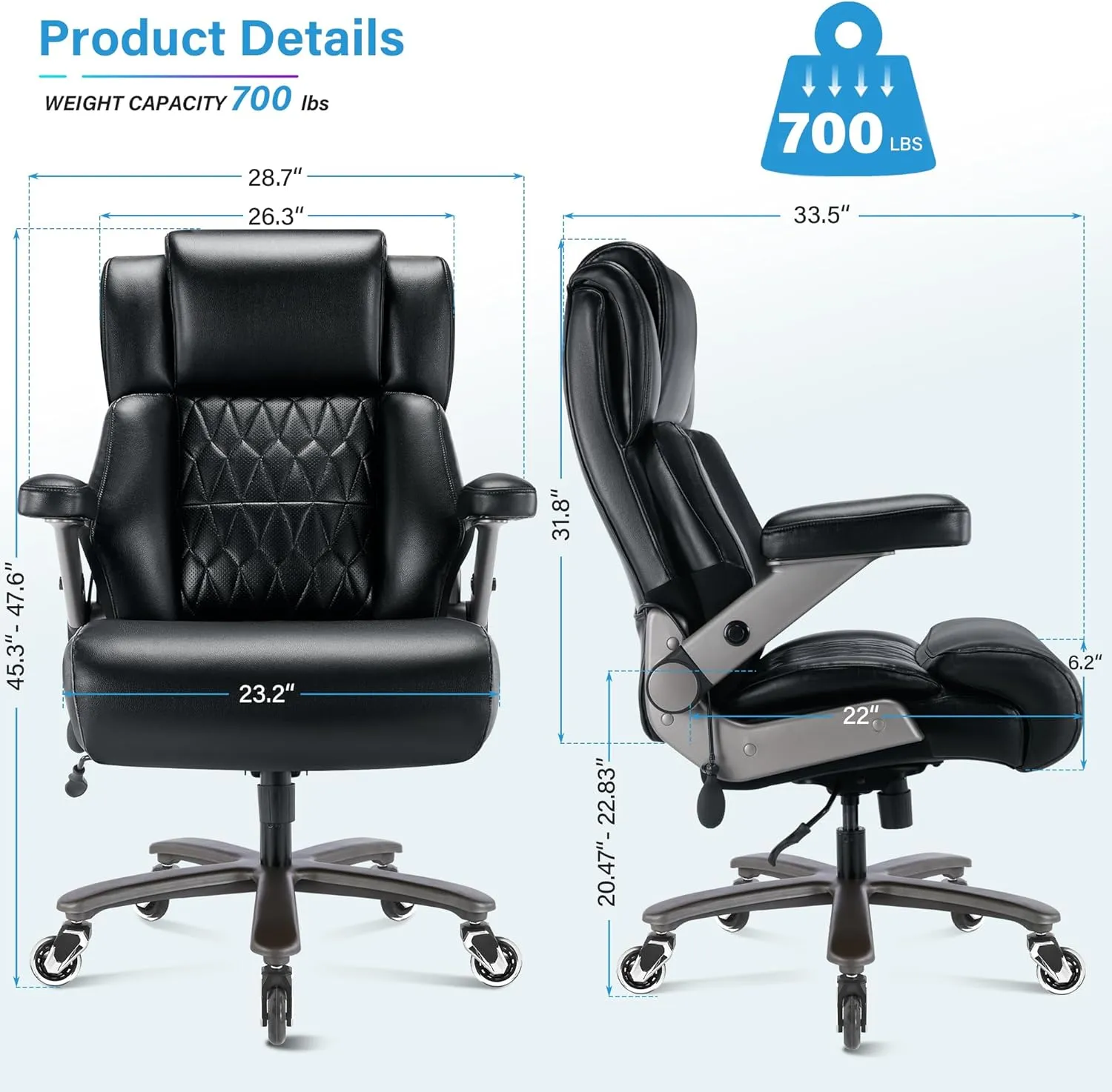 Big and Tall 700lbs Office Chair - Adjustable Lumbar Support 3D Flip Arms Heavy Duty Metal Base&Wheels, High Back Large Executive Computer Desk Chair, Thick Padded Ergonomic Design for Back Pain