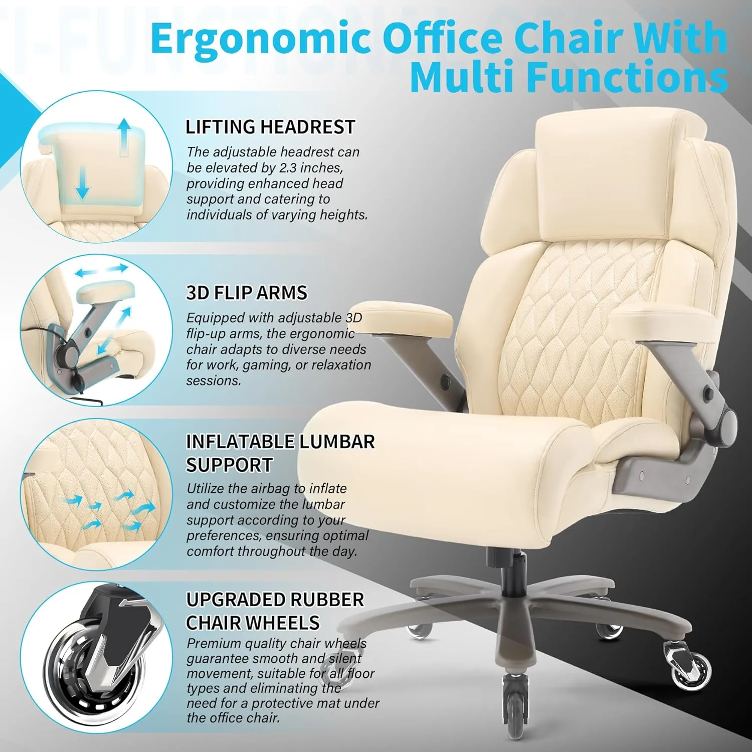 Big and Tall Office Chair 500lbs - Adjustable Headrest&Lumbar Support, 3D Flip Arms, Large Wheels &Heavy Duty Metal Base, Ergonomic High Back Computer Chair Desk Chair, Thick Padded Extra Wide Seat