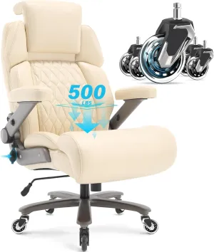 Big and Tall Office Chair 500lbs - Adjustable Headrest&Lumbar Support, 3D Flip Arms, Large Wheels &Heavy Duty Metal Base, Ergonomic High Back Computer Chair Desk Chair, Thick Padded Extra Wide Seat