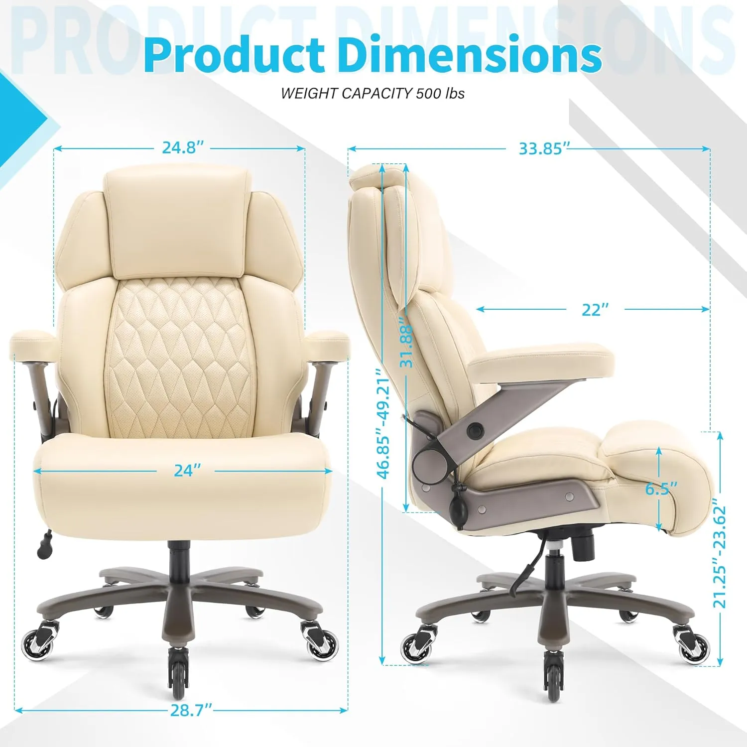 Big and Tall Office Chair 500lbs - Adjustable Headrest&Lumbar Support, 3D Flip Arms, Large Wheels &Heavy Duty Metal Base, Ergonomic High Back Computer Chair Desk Chair, Thick Padded Extra Wide Seat