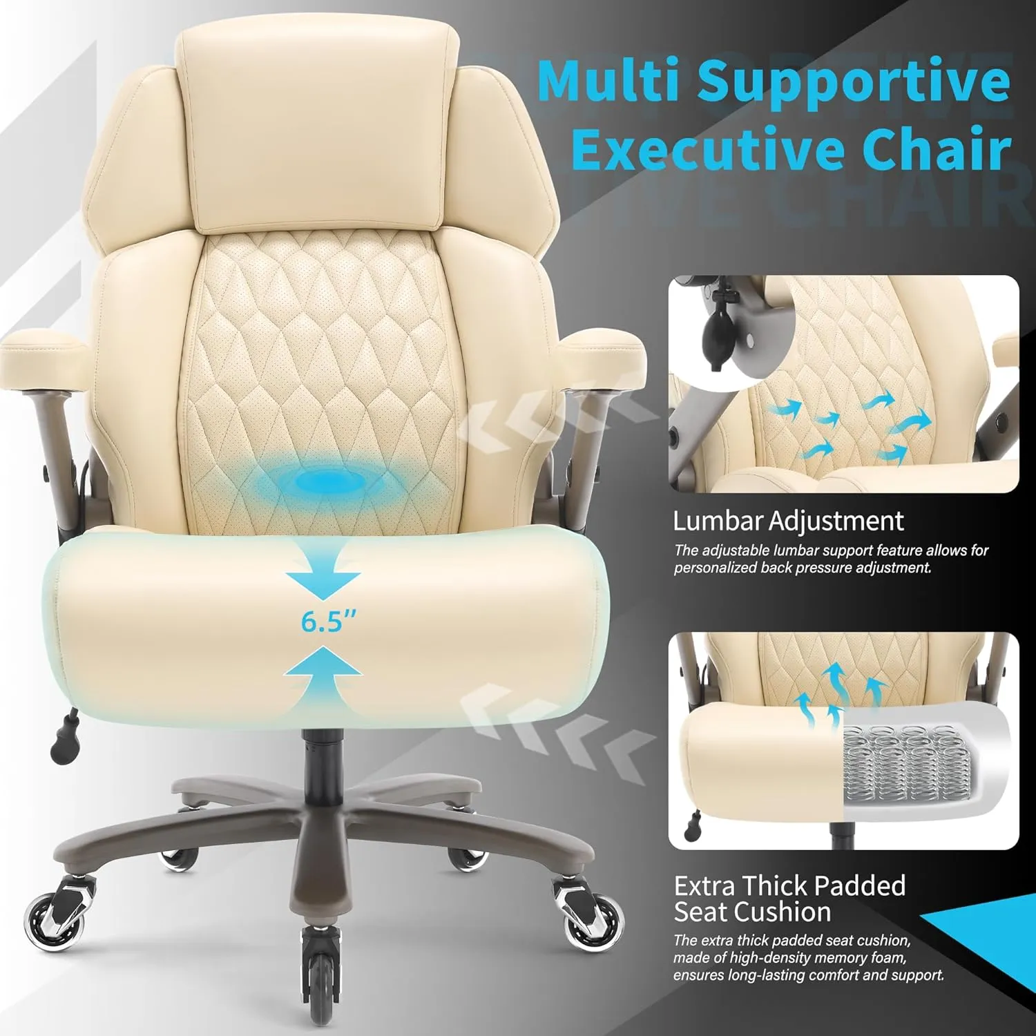 Big and Tall Office Chair 500lbs - Adjustable Headrest&Lumbar Support, 3D Flip Arms, Large Wheels &Heavy Duty Metal Base, Ergonomic High Back Computer Chair Desk Chair, Thick Padded Extra Wide Seat