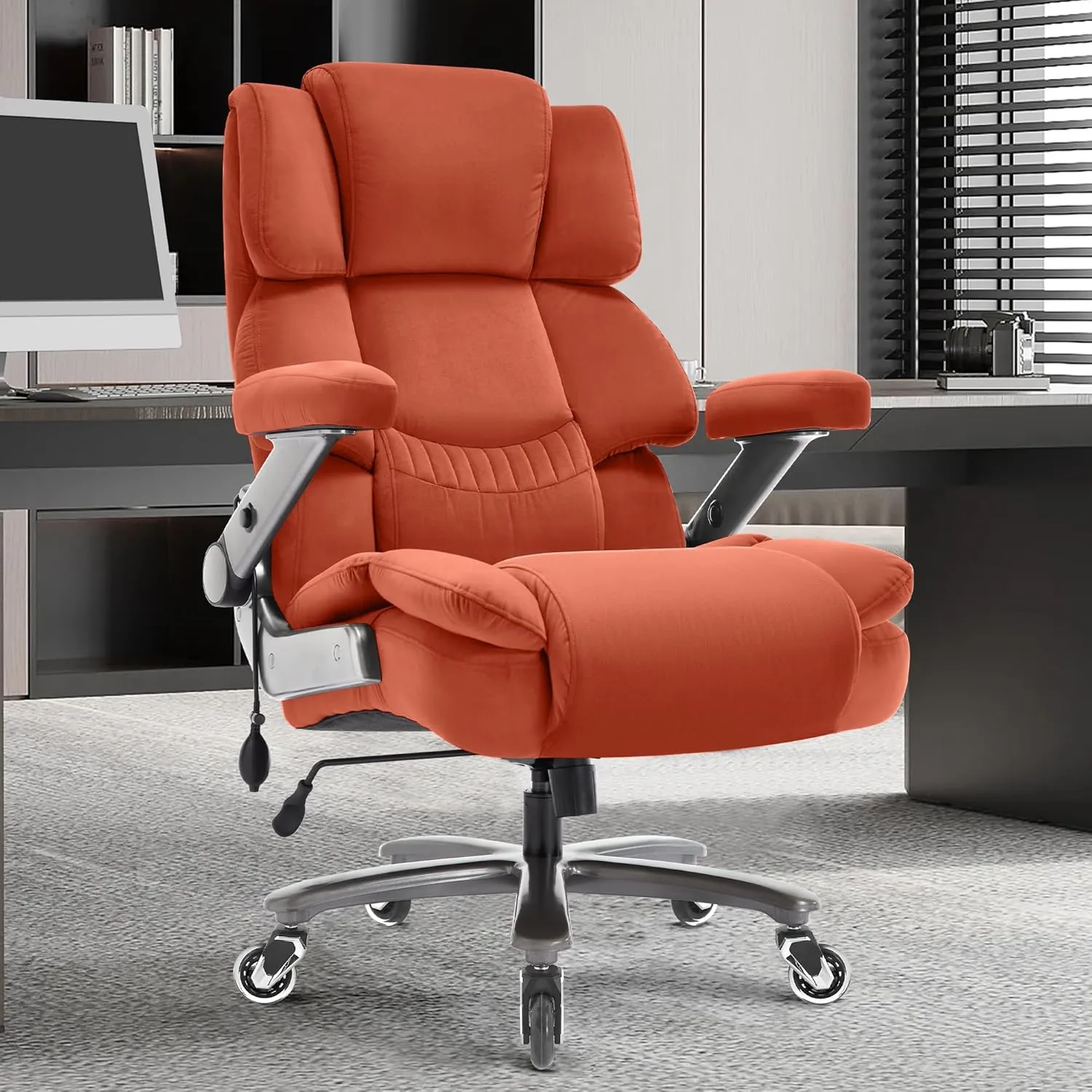 Big and Tall Office Chair 500lbs- Fabric High Back Executive Computer Chair with Adjustable Lumbar Support 3D Flip Arms Plus Size Rubber Wheels- Extra Wide Large Desk Chairs, Heavy Duty Metal Base