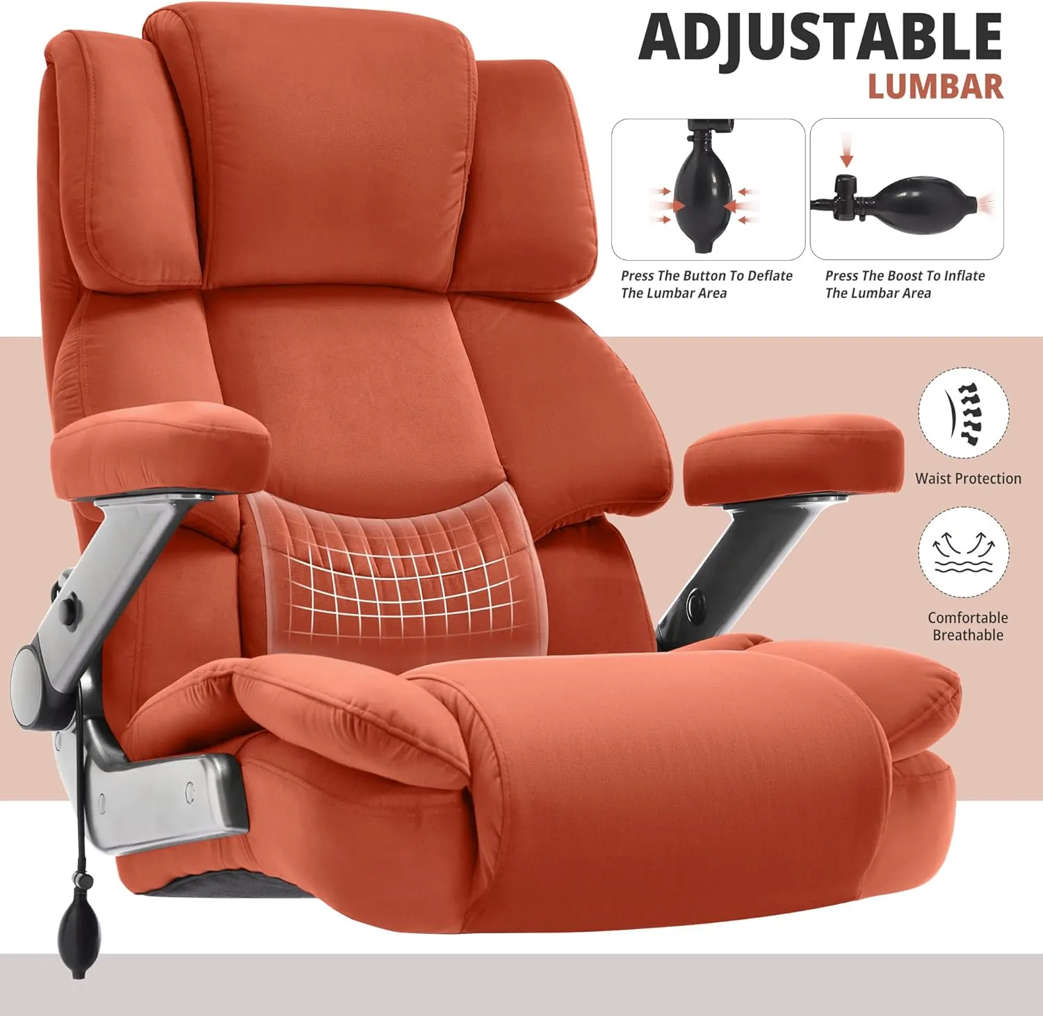Big and Tall Office Chair 500lbs- Fabric High Back Executive Computer Chair with Adjustable Lumbar Support 3D Flip Arms Plus Size Rubber Wheels- Extra Wide Large Desk Chairs, Heavy Duty Metal Base