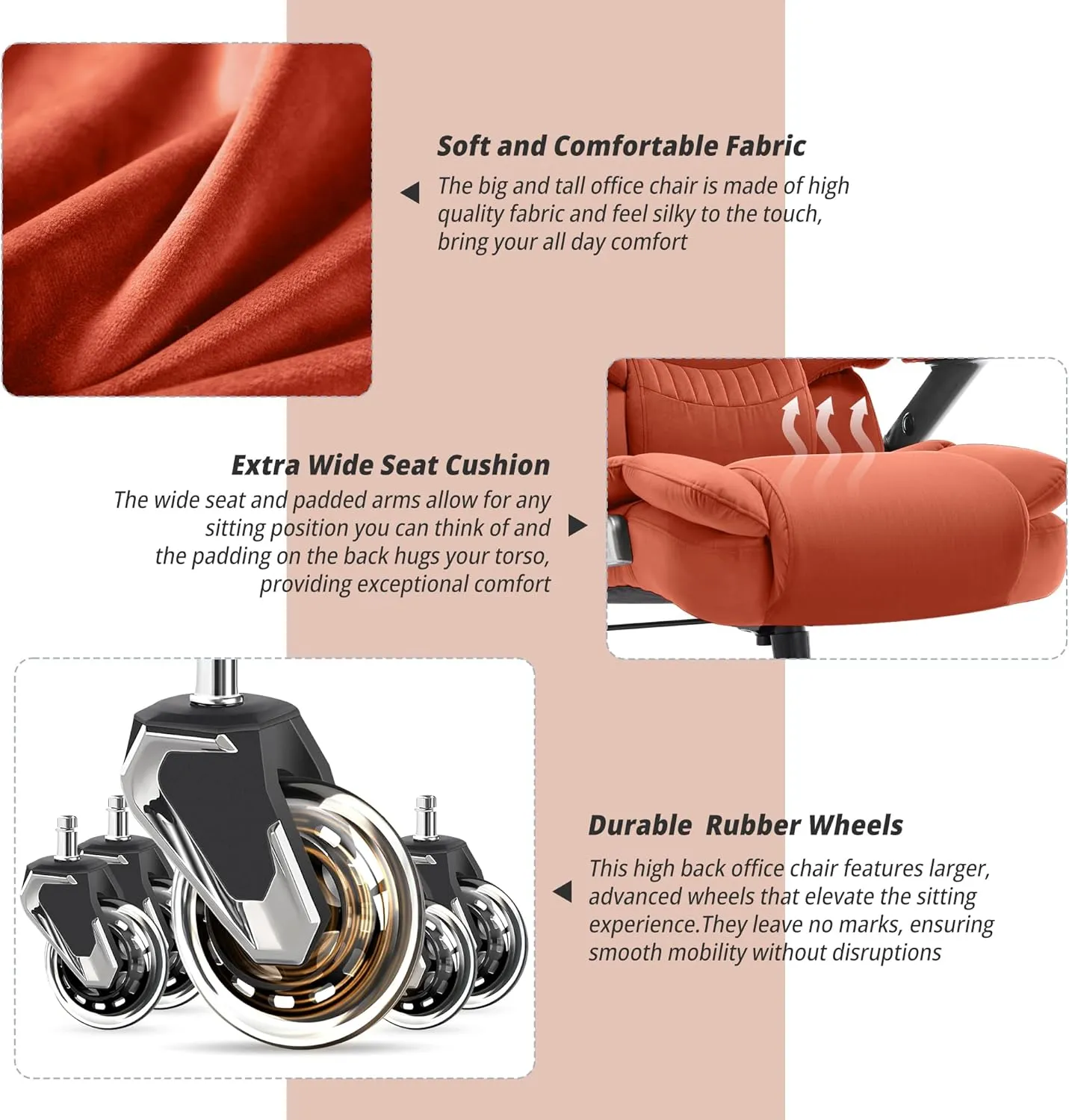Big and Tall Office Chair 500lbs- Fabric High Back Executive Computer Chair with Adjustable Lumbar Support 3D Flip Arms Plus Size Rubber Wheels- Extra Wide Large Desk Chairs, Heavy Duty Metal Base