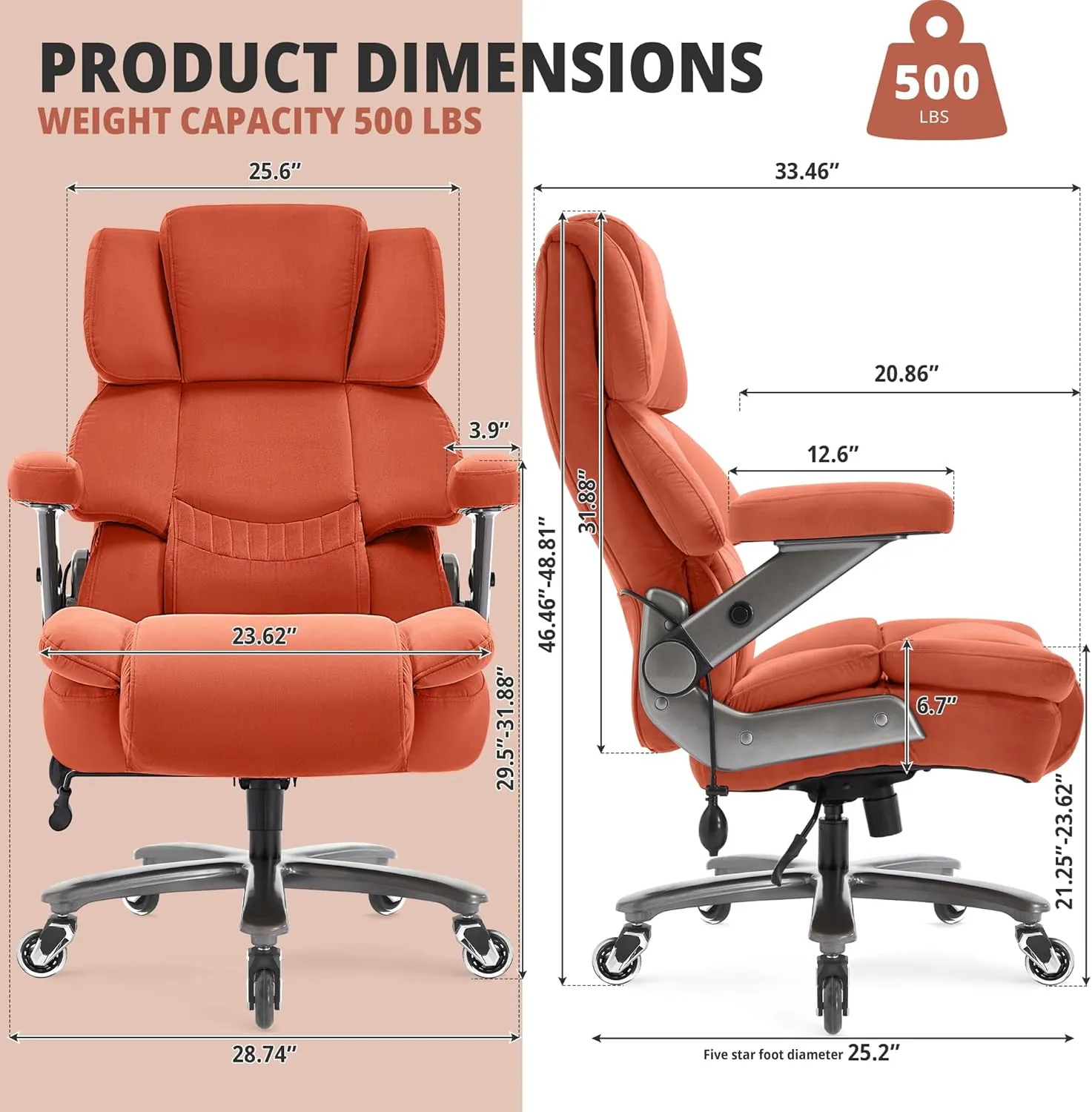 Big and Tall Office Chair 500lbs- Fabric High Back Executive Computer Chair with Adjustable Lumbar Support 3D Flip Arms Plus Size Rubber Wheels- Extra Wide Large Desk Chairs, Heavy Duty Metal Base