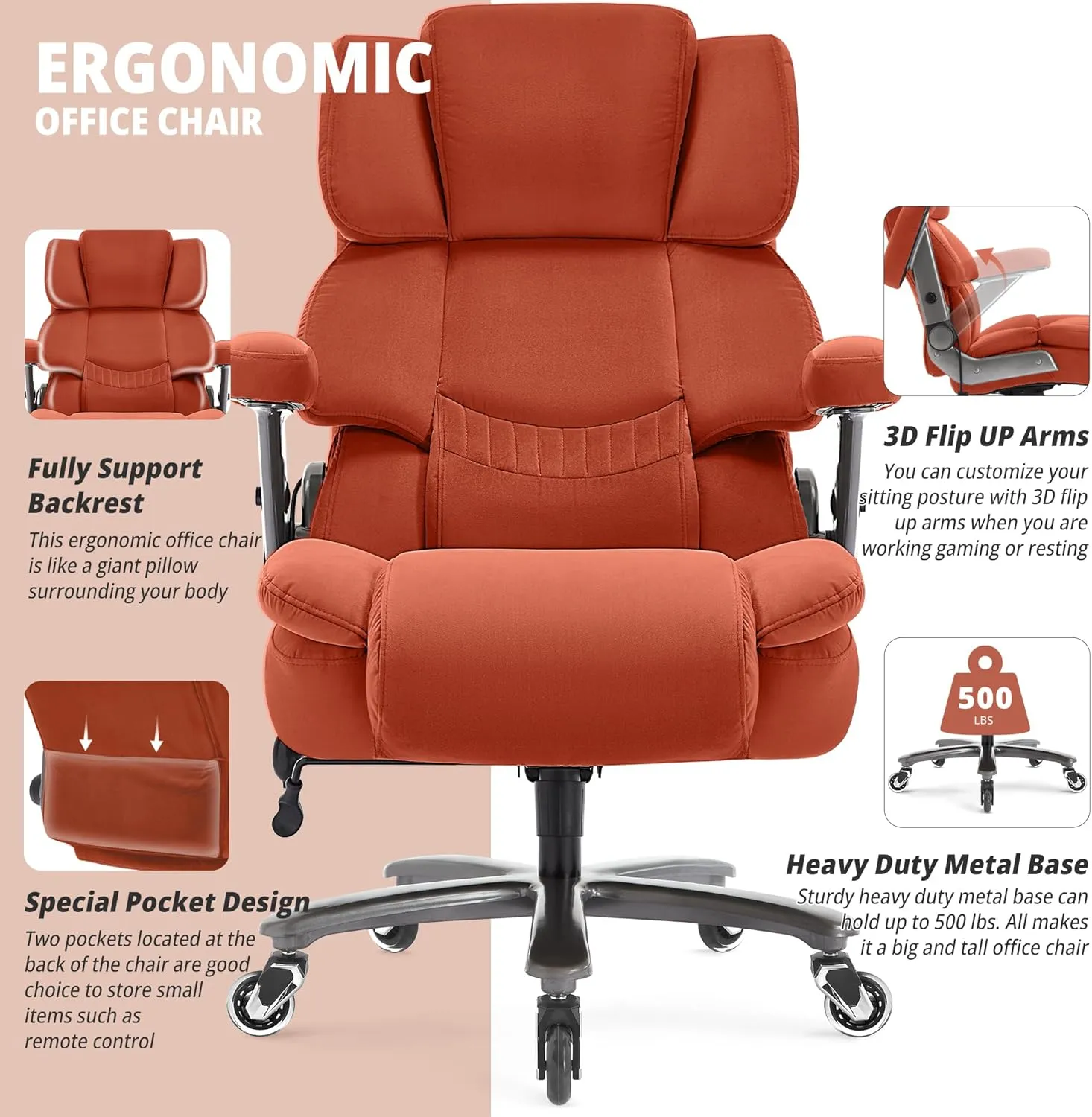 Big and Tall Office Chair 500lbs- Fabric High Back Executive Computer Chair with Adjustable Lumbar Support 3D Flip Arms Plus Size Rubber Wheels- Extra Wide Large Desk Chairs, Heavy Duty Metal Base