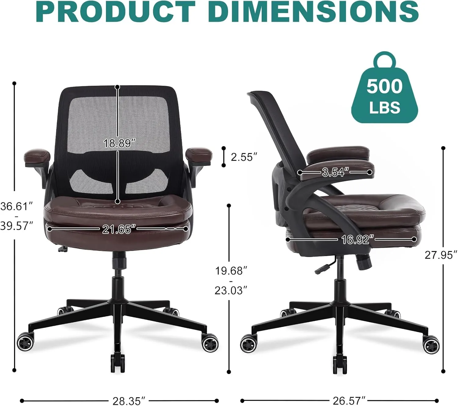 Big and Tall Office Chair, 500lbs Mesh Heavy Duty Ergonomic Desk Chair with Flip-up Armrests, Plus Size Wide Seat in PU Leather, 360 Swivel Computer Executive Task Chair for Home Office (Brown)