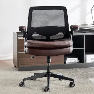 Big and Tall Office Chair, 500lbs Mesh Heavy Duty Ergonomic Desk Chair with Flip-up Armrests, Plus Size Wide Seat in PU Leather, 360 Swivel Computer Executive Task Chair for Home Office (Brown)