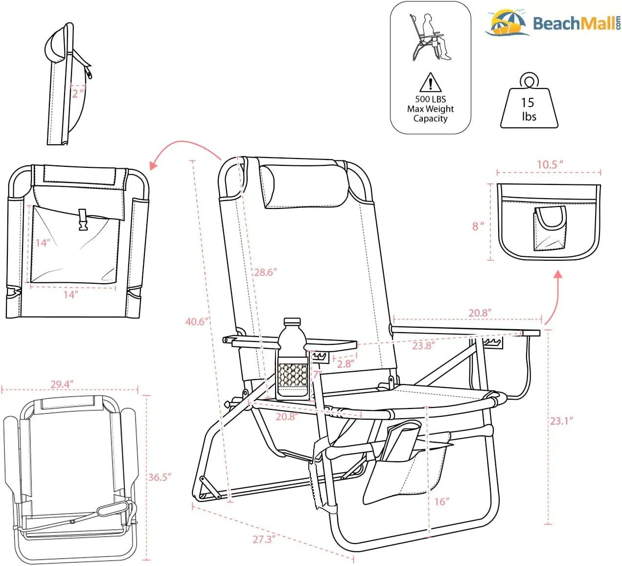 Big Jumbo 500 lbs XL Wide Heavy Duty Beach Chair for Big & Tall Adults, Aluminum Tubing - 4 Reclining Positions