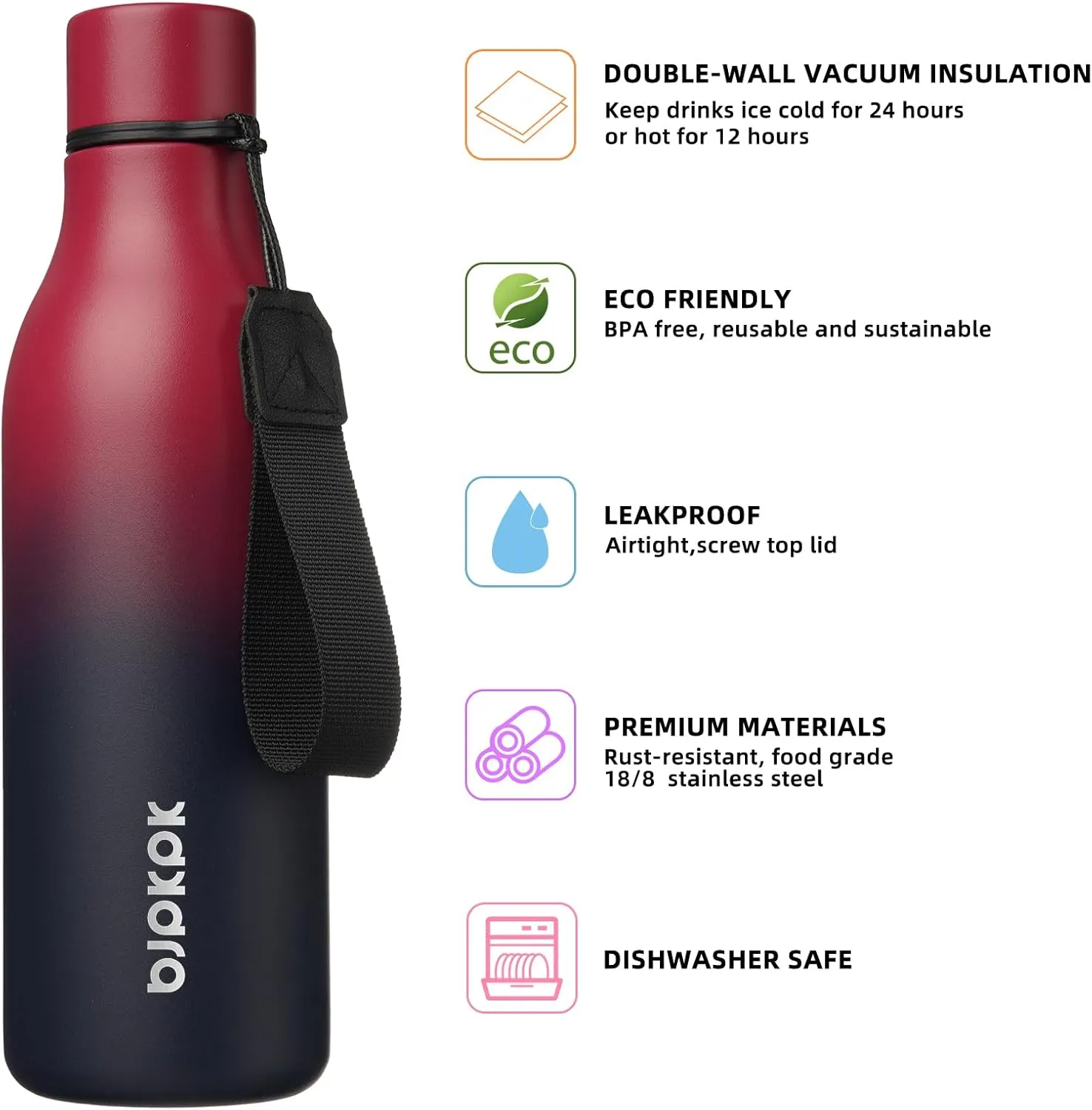 BJPKPK Insulated Water Bottles, 18 oz Stainless Steel Metal Water Bottle with Strap, BPA Free Leak Proof Thermos, Mugs, Flasks, Reusable Water Bottle for Sports & Travel,Charming Red