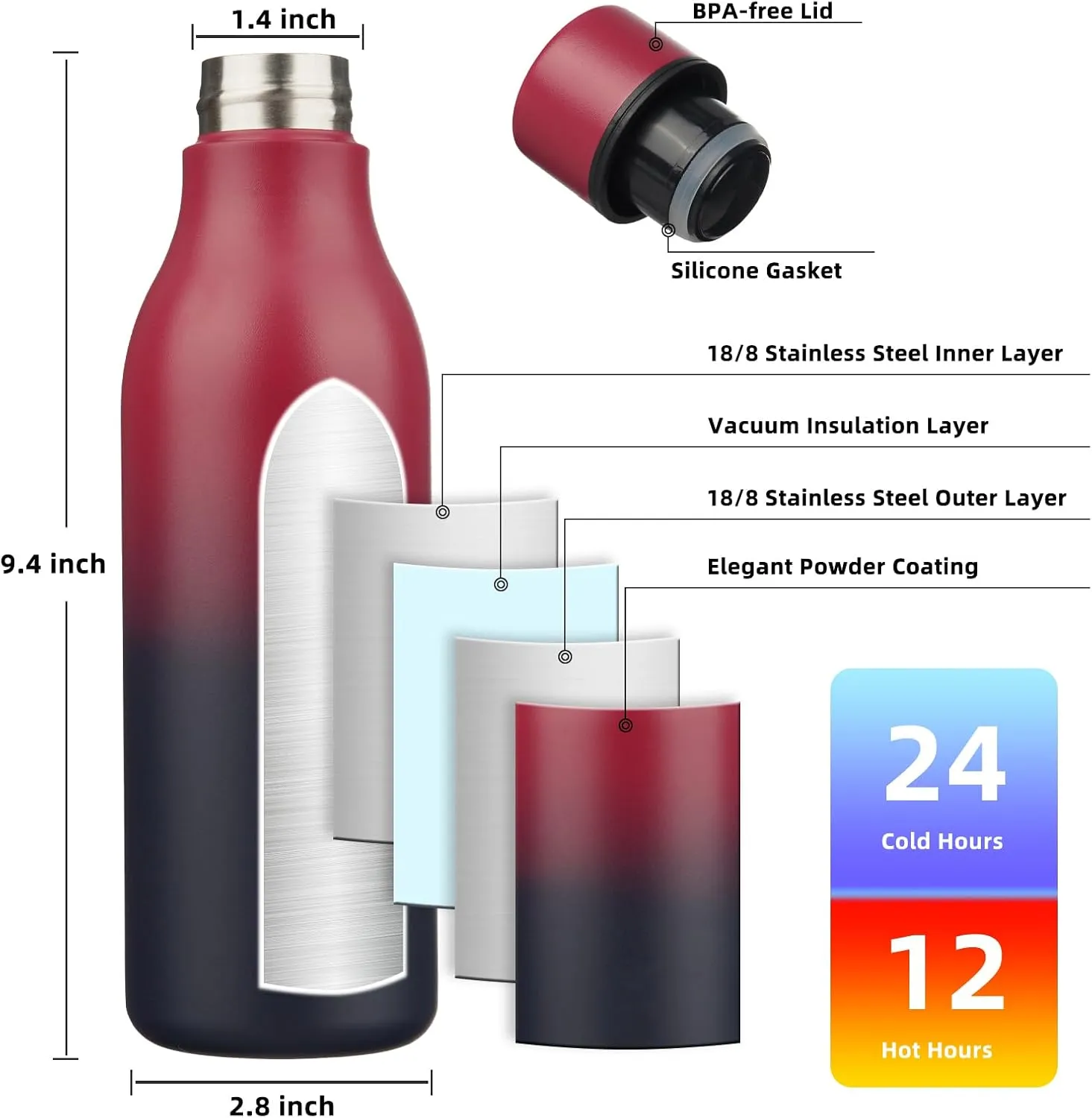 BJPKPK Insulated Water Bottles, 18 oz Stainless Steel Metal Water Bottle with Strap, BPA Free Leak Proof Thermos, Mugs, Flasks, Reusable Water Bottle for Sports & Travel,Charming Red