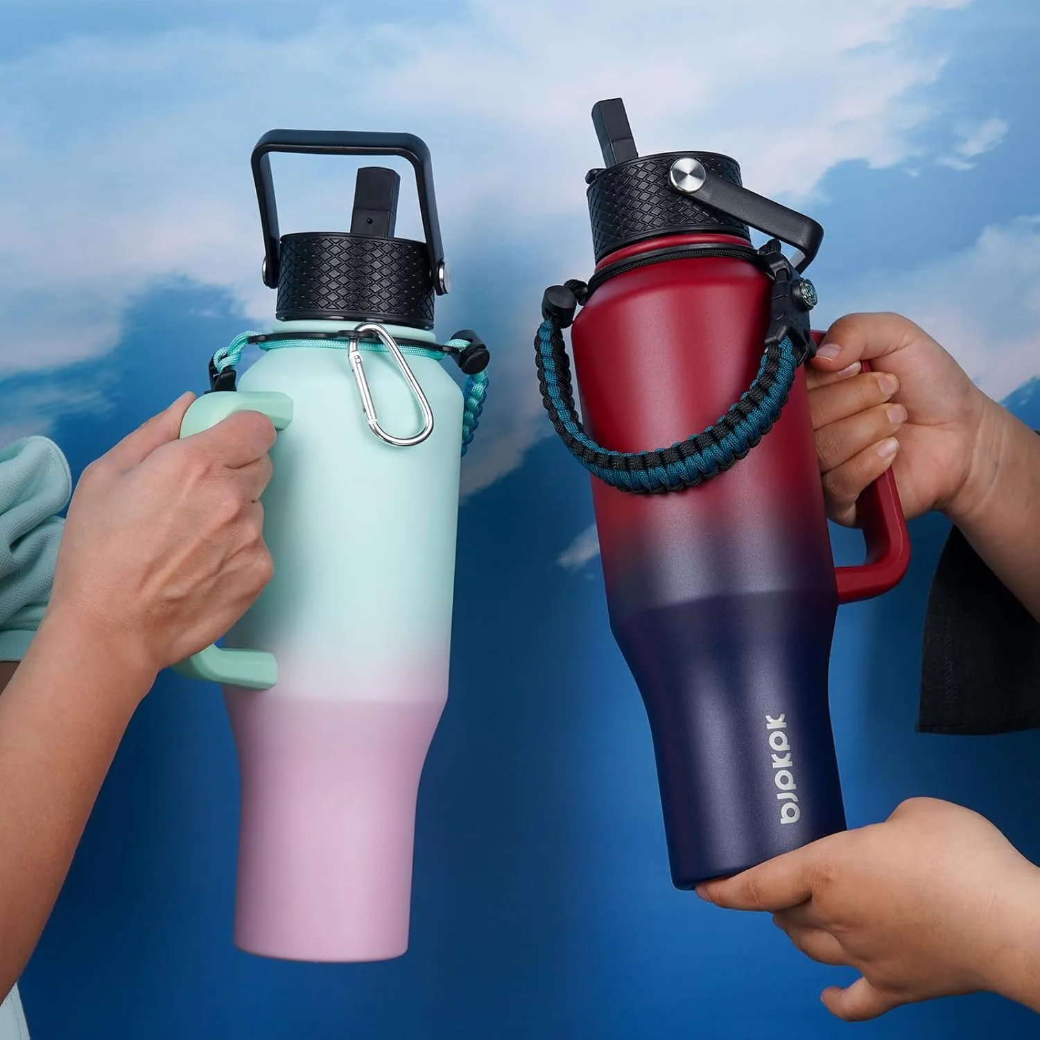 BJPKPK Insulated Water Bottles with Straw Lid, 35oz Metal Water Bottle with 2 lids & Paracord Strap, Double Wall Stainless Steel Tumbler with Handle, Reusable Cups, Mugs, Thermos, Marshmallow