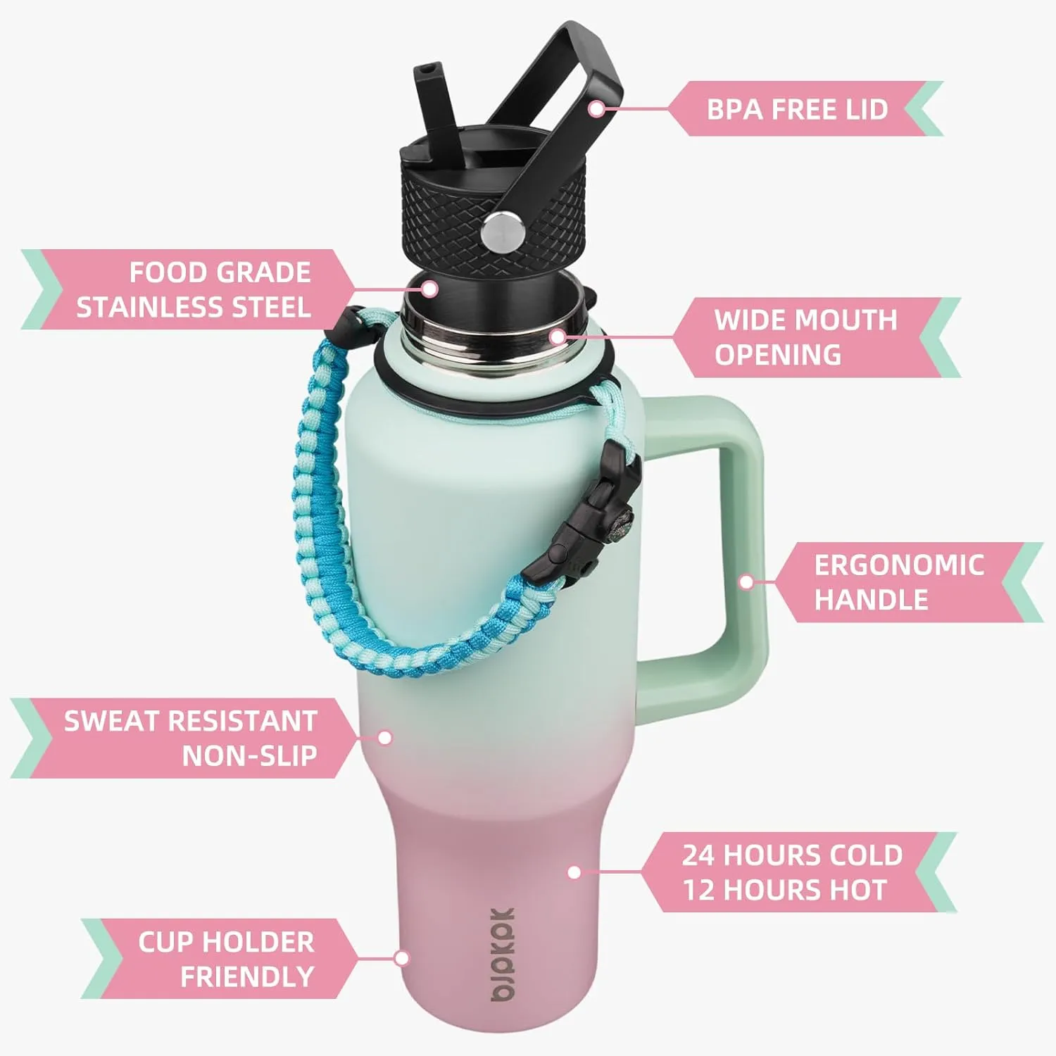 BJPKPK Insulated Water Bottles with Straw Lid, 35oz Metal Water Bottle with 2 lids & Paracord Strap, Double Wall Stainless Steel Tumbler with Handle, Reusable Cups, Mugs, Thermos, Marshmallow