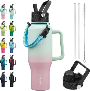 BJPKPK Insulated Water Bottles with Straw Lid, 35oz Metal Water Bottle with 2 lids & Paracord Strap, Double Wall Stainless Steel Tumbler with Handle, Reusable Cups, Mugs, Thermos, Marshmallow