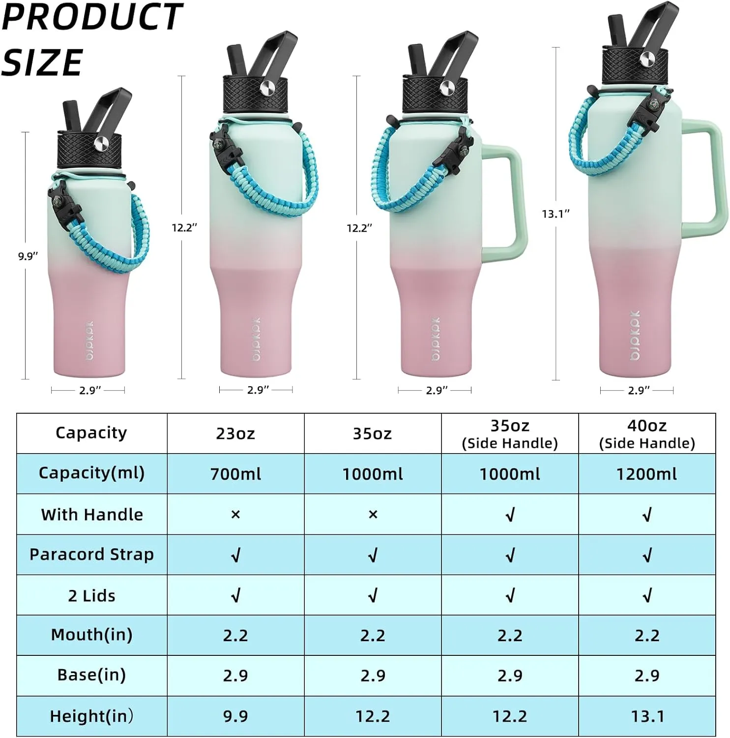BJPKPK Insulated Water Bottles with Straw Lid, 35oz Metal Water Bottle with 2 lids & Paracord Strap, Double Wall Stainless Steel Tumbler with Handle, Reusable Cups, Mugs, Thermos, Marshmallow