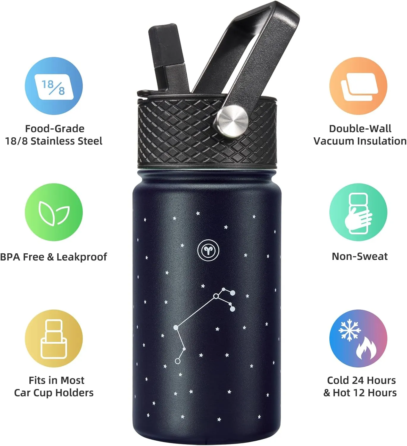 BJPKPK Water Bottle with Straw Lid, 15 oz Insulated Water Bottle, Stainless Steel Metal Water Bottles, Reusable Leak Proof BPA Free Thermos, Flask, Cups, Constellation-Aries