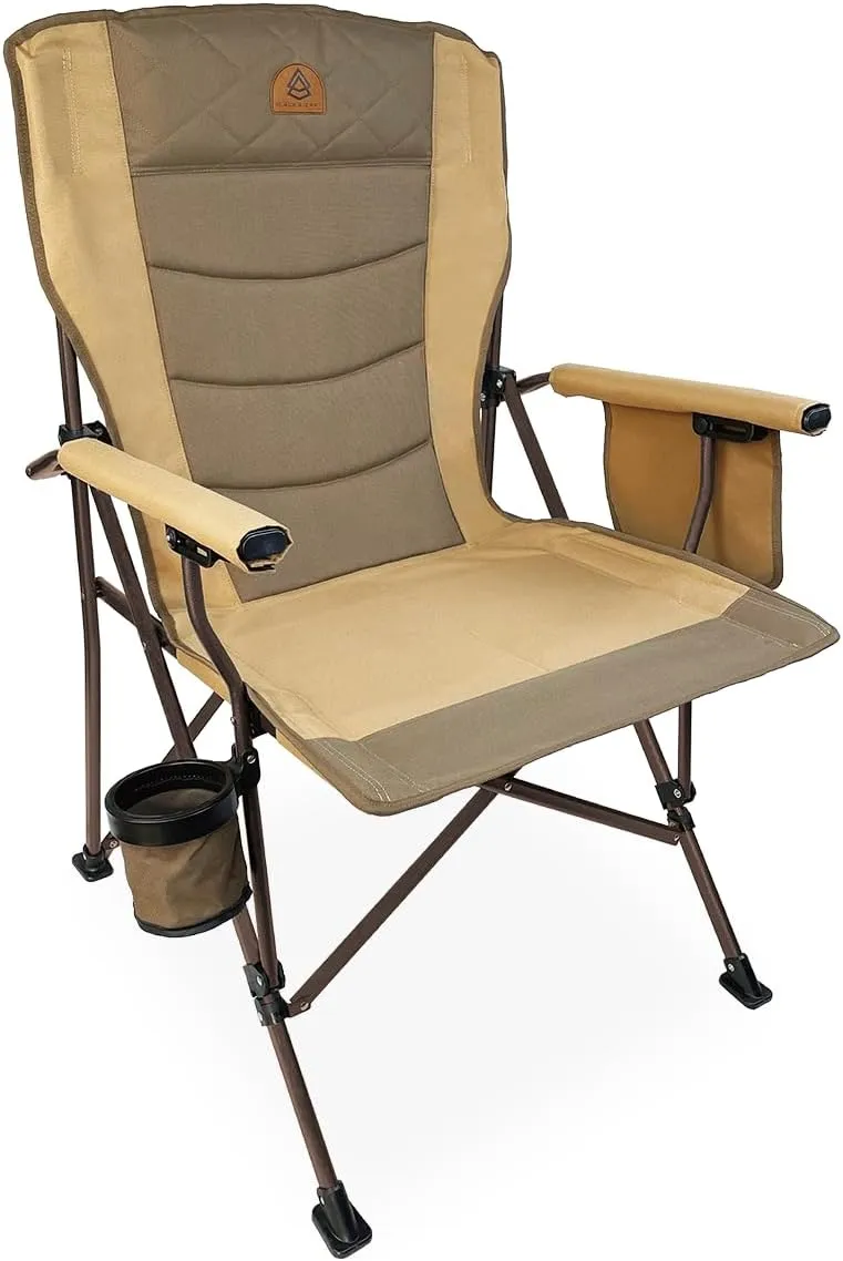 Black Sierra Oversize Camping Chair for Adults Supports 500 lbs, XL Heavy Duty Hard Arm Folding Chair, Steel Frame Durable Padded Outdoor Seat, Portable Fold Up Chair w/Cup Holder and Storage Bag